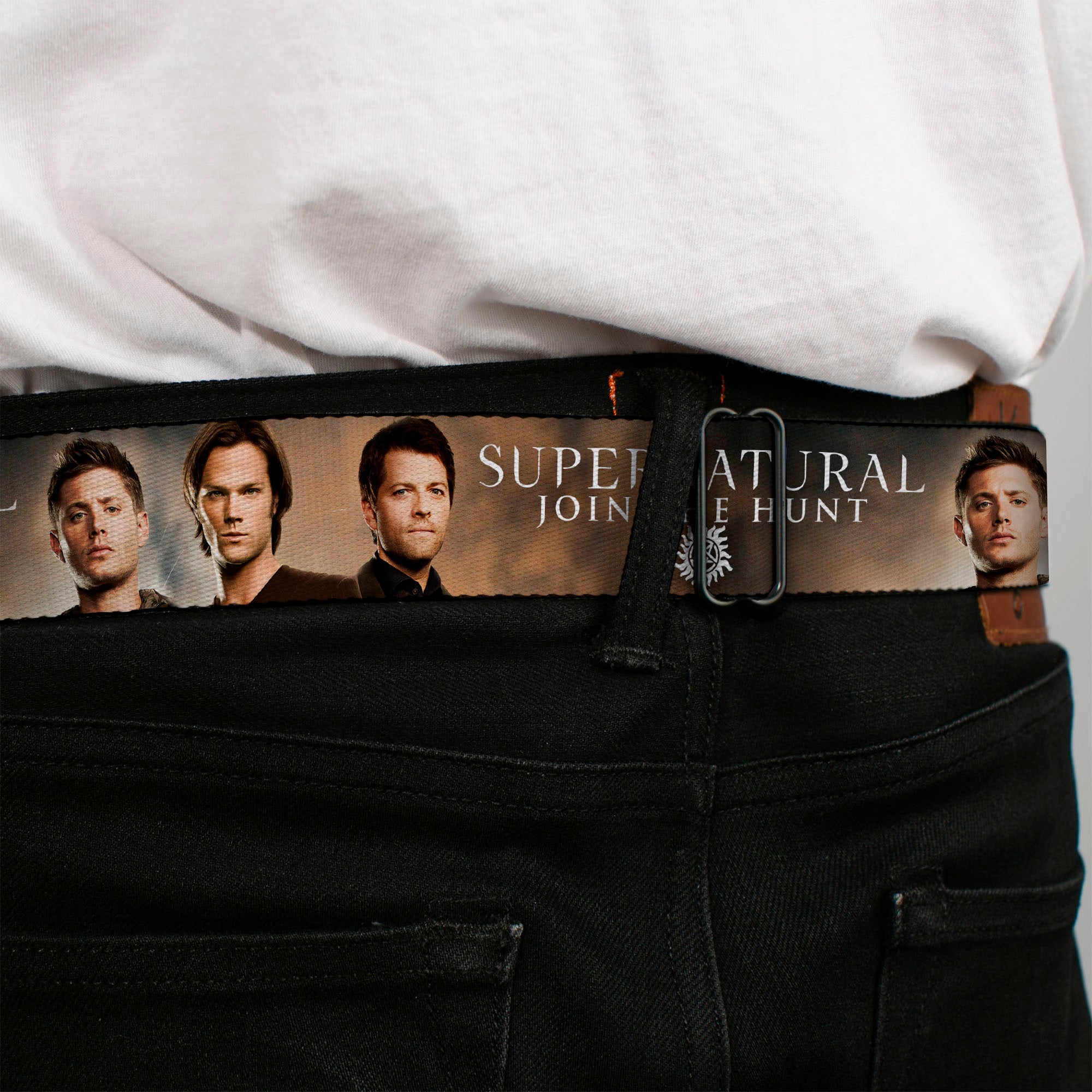 Winchester Logo Full Color Black White Seatbelt Belt - Dean, Sam & Castiel SUPERNATURAL JOIN THE HUNT Webbing Seatbelt Belts Supernatural