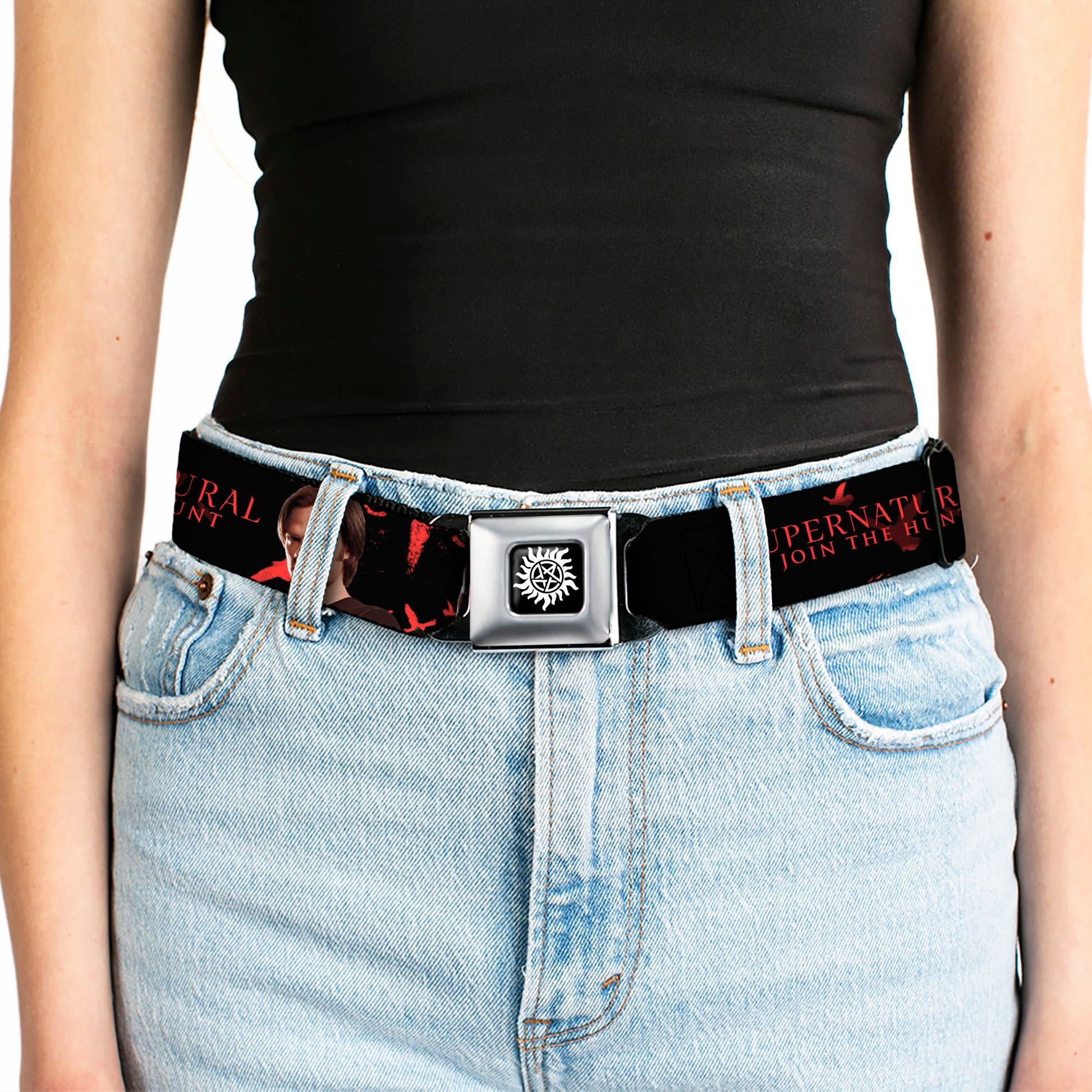 Winchester Logo Full Color Black White Seatbelt Belt - SUPERNATURAL-WINCHESTER BROS. SCREW DESTINY/Pose Black/Red/White Webbing Seatbelt Belts Supernatural
