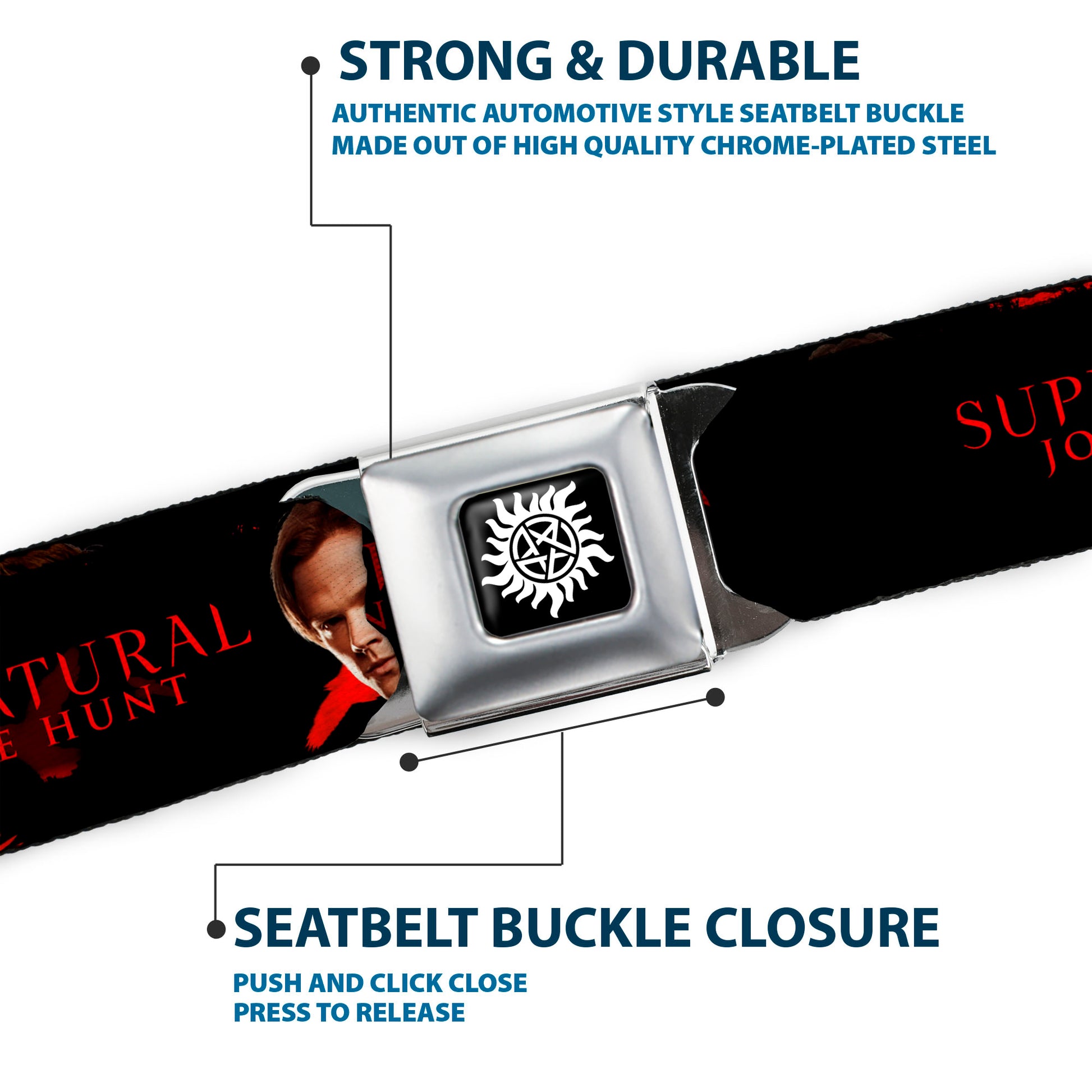 Winchester Logo Full Color Black White Seatbelt Belt - SUPERNATURAL-WINCHESTER BROS. SCREW DESTINY/Pose Black/Red/White Webbing Seatbelt Belts Supernatural