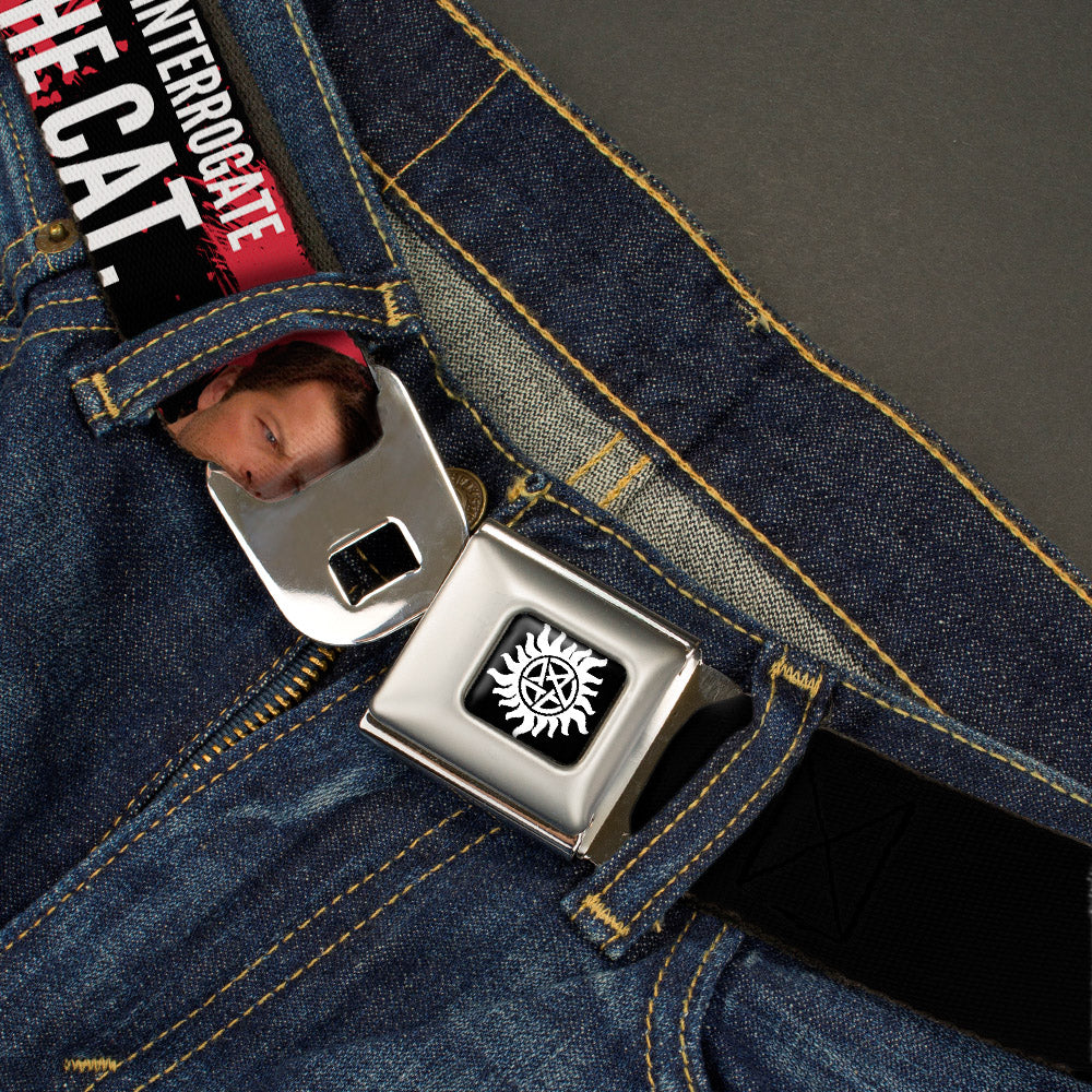 Winchester Logo Full Color Black White Seatbelt Belt - SUPERNATURAL Castiel I'LL INTERROGATE THE CAT Black/Blood Splatter/White Webbing Seatbelt Belts Supernatural