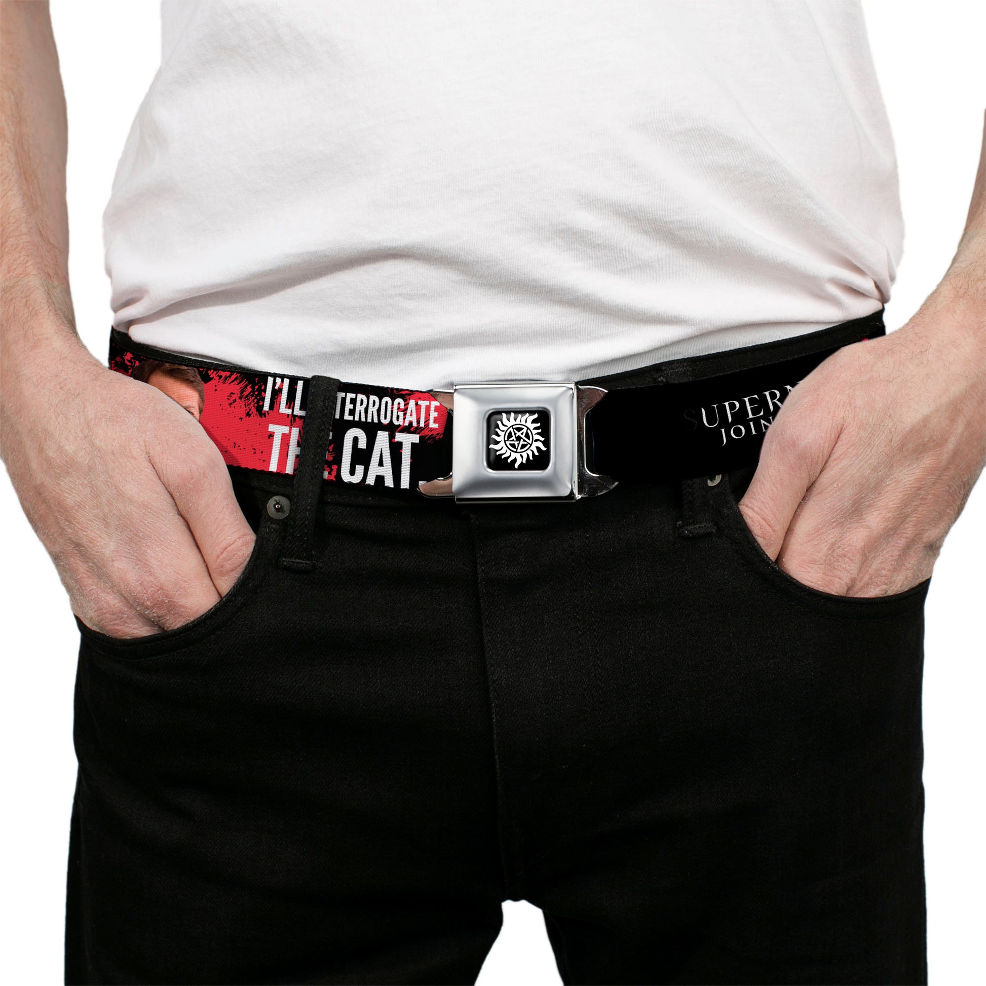 Winchester Logo Full Color Black White Seatbelt Belt - SUPERNATURAL Castiel I'LL INTERROGATE THE CAT Black/Blood Splatter/White Webbing Seatbelt Belts Supernatural