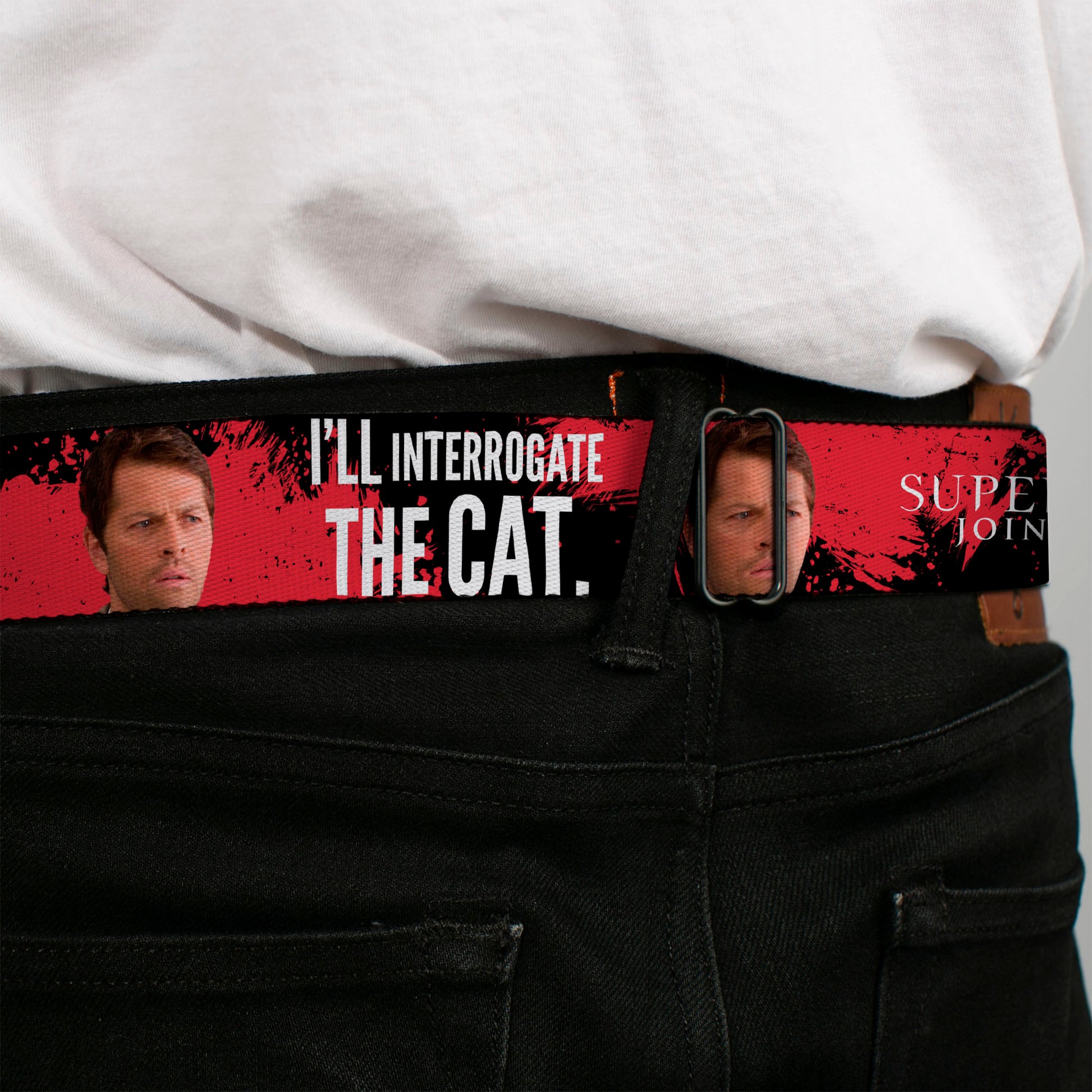 Winchester Logo Full Color Black White Seatbelt Belt - SUPERNATURAL Castiel I'LL INTERROGATE THE CAT Black/Blood Splatter/White Webbing Seatbelt Belts Supernatural