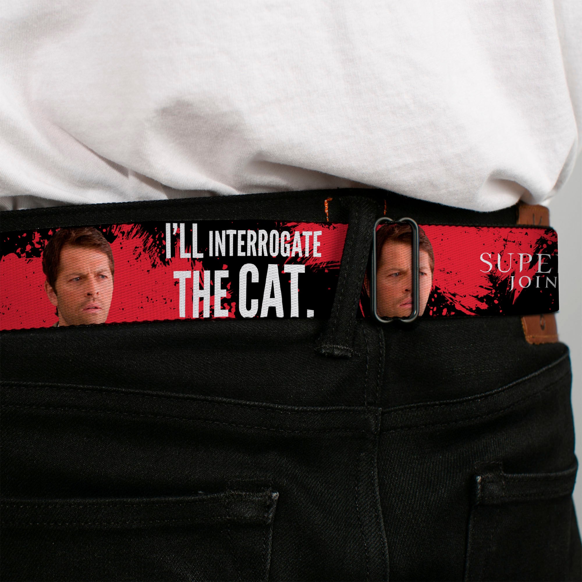 Winchester Logo Full Color Black White Seatbelt Belt - SUPERNATURAL Castiel I'LL INTERROGATE THE CAT Black/Blood Splatter/White Webbing Seatbelt Belts Supernatural