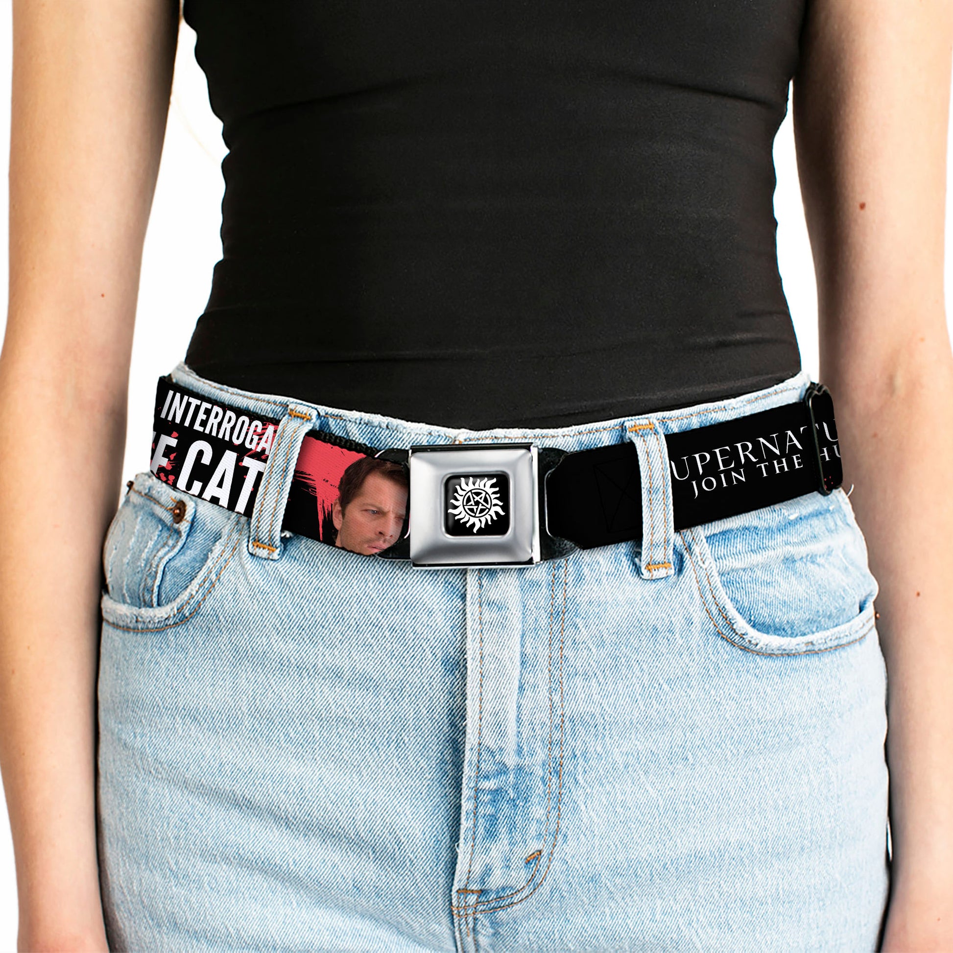 Winchester Logo Full Color Black White Seatbelt Belt - SUPERNATURAL Castiel I'LL INTERROGATE THE CAT Black/Blood Splatter/White Webbing Seatbelt Belts Supernatural