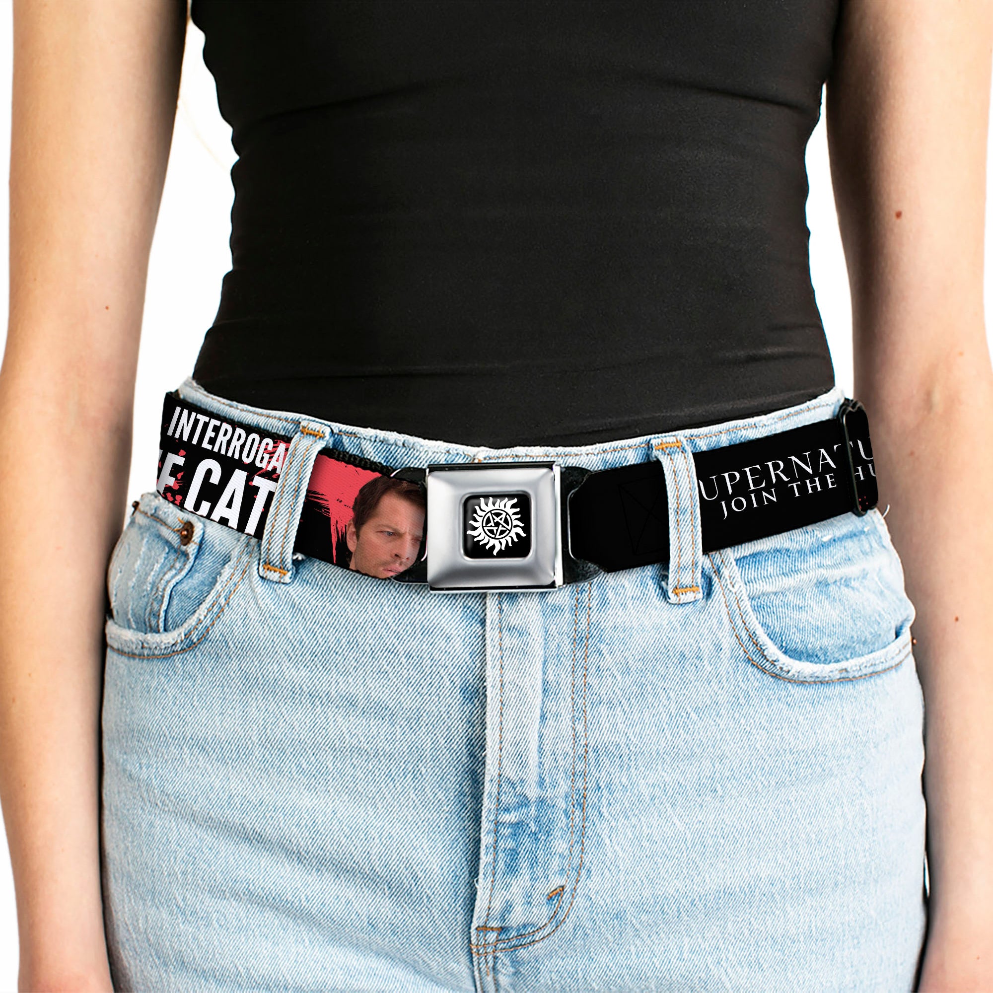 Winchester Logo Full Color Black White Seatbelt Belt - SUPERNATURAL Castiel I'LL INTERROGATE THE CAT Black/Blood Splatter/White Webbing Seatbelt Belts Supernatural