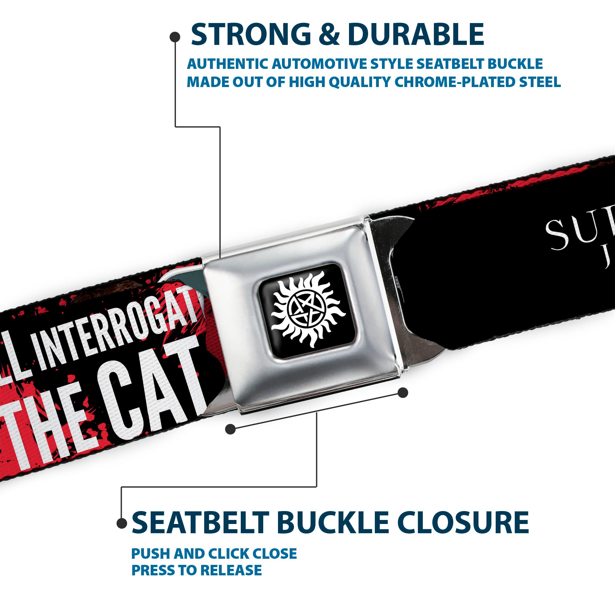 Winchester Logo Full Color Black White Seatbelt Belt - SUPERNATURAL Castiel I'LL INTERROGATE THE CAT Black/Blood Splatter/White Webbing Seatbelt Belts Supernatural