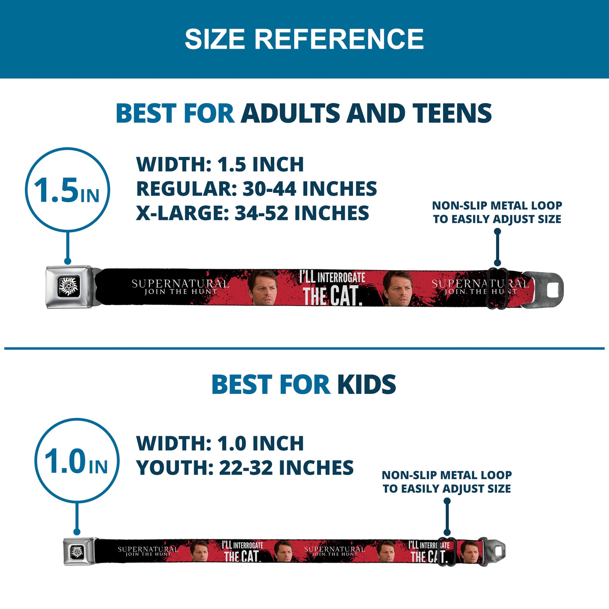 Winchester Logo Full Color Black White Seatbelt Belt - SUPERNATURAL Castiel I'LL INTERROGATE THE CAT Black/Blood Splatter/White Webbing Seatbelt Belts Supernatural