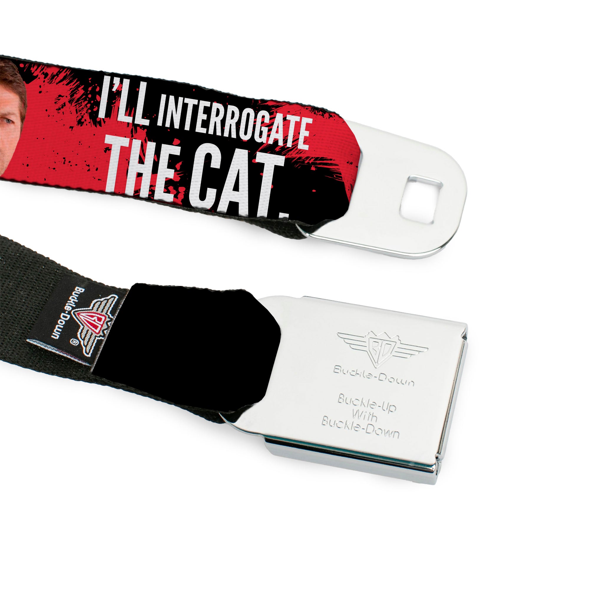 Winchester Logo Full Color Black White Seatbelt Belt - SUPERNATURAL Castiel I'LL INTERROGATE THE CAT Black/Blood Splatter/White Webbing Seatbelt Belts Supernatural