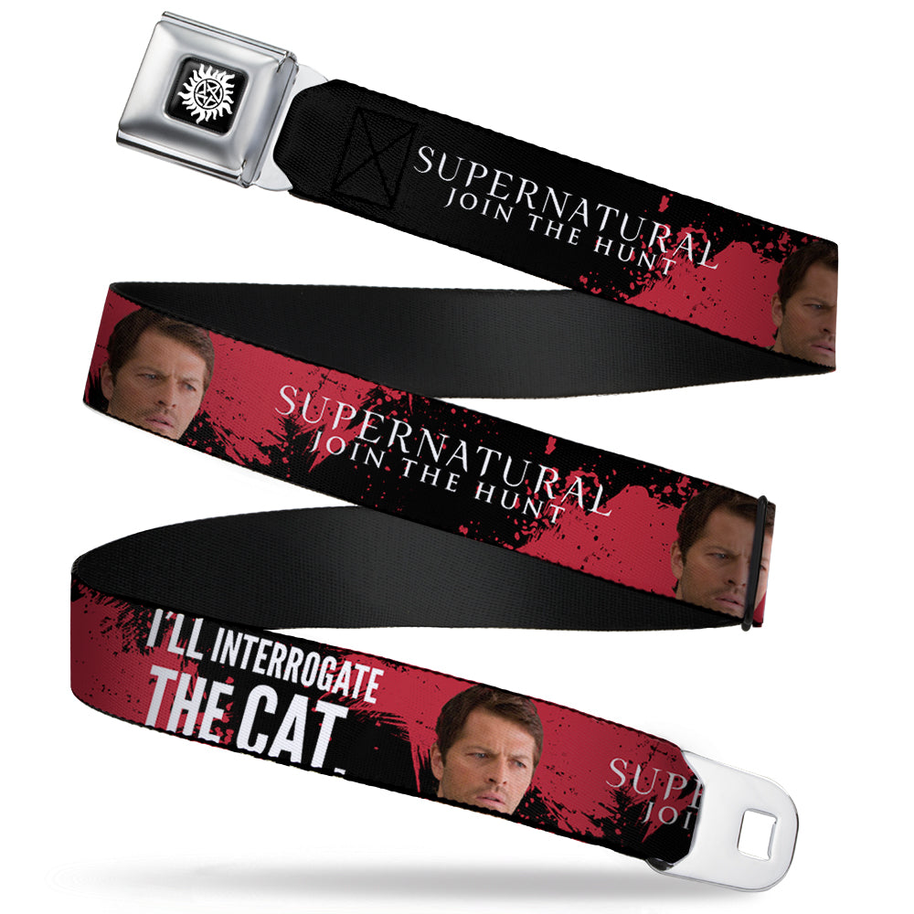 Winchester Logo Full Color Black White Seatbelt Belt - SUPERNATURAL Castiel I'LL INTERROGATE THE CAT Black/Blood Splatter/White Webbing Seatbelt Belts Supernatural