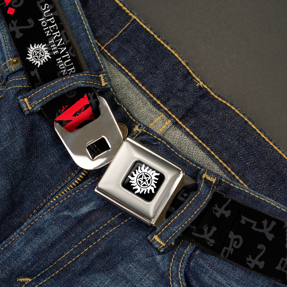 Winchester Logo Full Color Black White Seatbelt Belt - SUPERNATURAL WELL, KIDS DON'T TRY THIS AT HOME/Symbols Black/Gray/Red/White Webbing Seatbelt Belts Supernatural