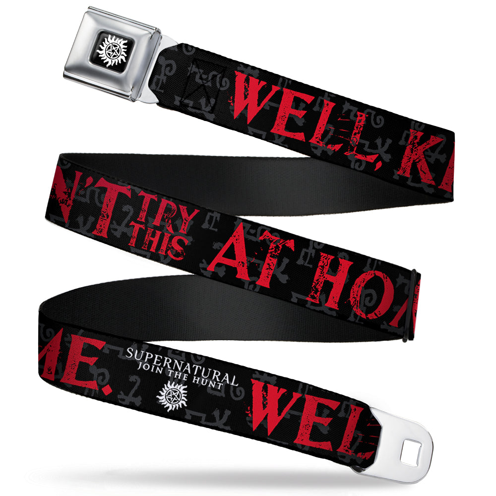 Winchester Logo Full Color Black White Seatbelt Belt - SUPERNATURAL WELL, KIDS DON'T TRY THIS AT HOME/Symbols Black/Gray/Red/White Webbing Seatbelt Belts Supernatural