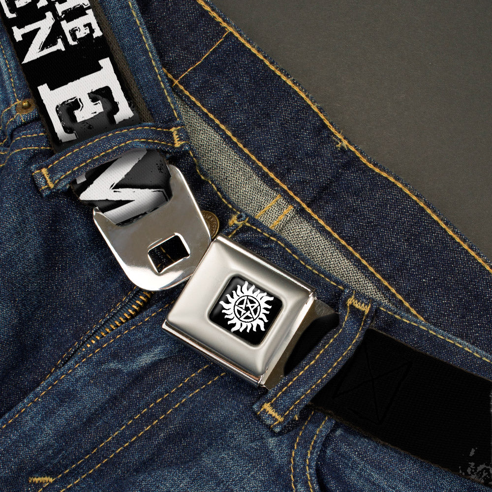 Winchester Logo Full Color Black White Seatbelt Belt - SUPERNATURAL STOP THE SULLEN EMO CRAP Black/Gray/White Webbing Seatbelt Belts Supernatural