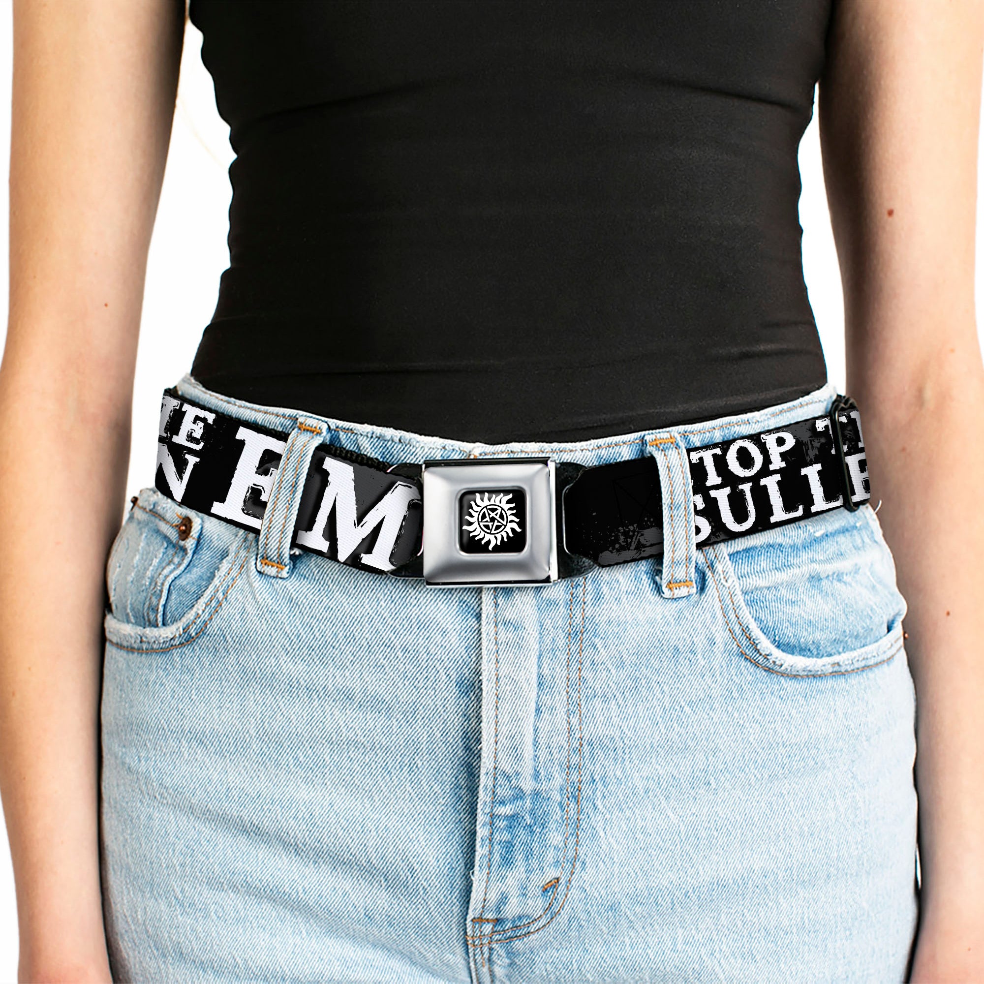 Winchester Logo Full Color Black White Seatbelt Belt - SUPERNATURAL STOP THE SULLEN EMO CRAP Black/Gray/White Webbing Seatbelt Belts Supernatural