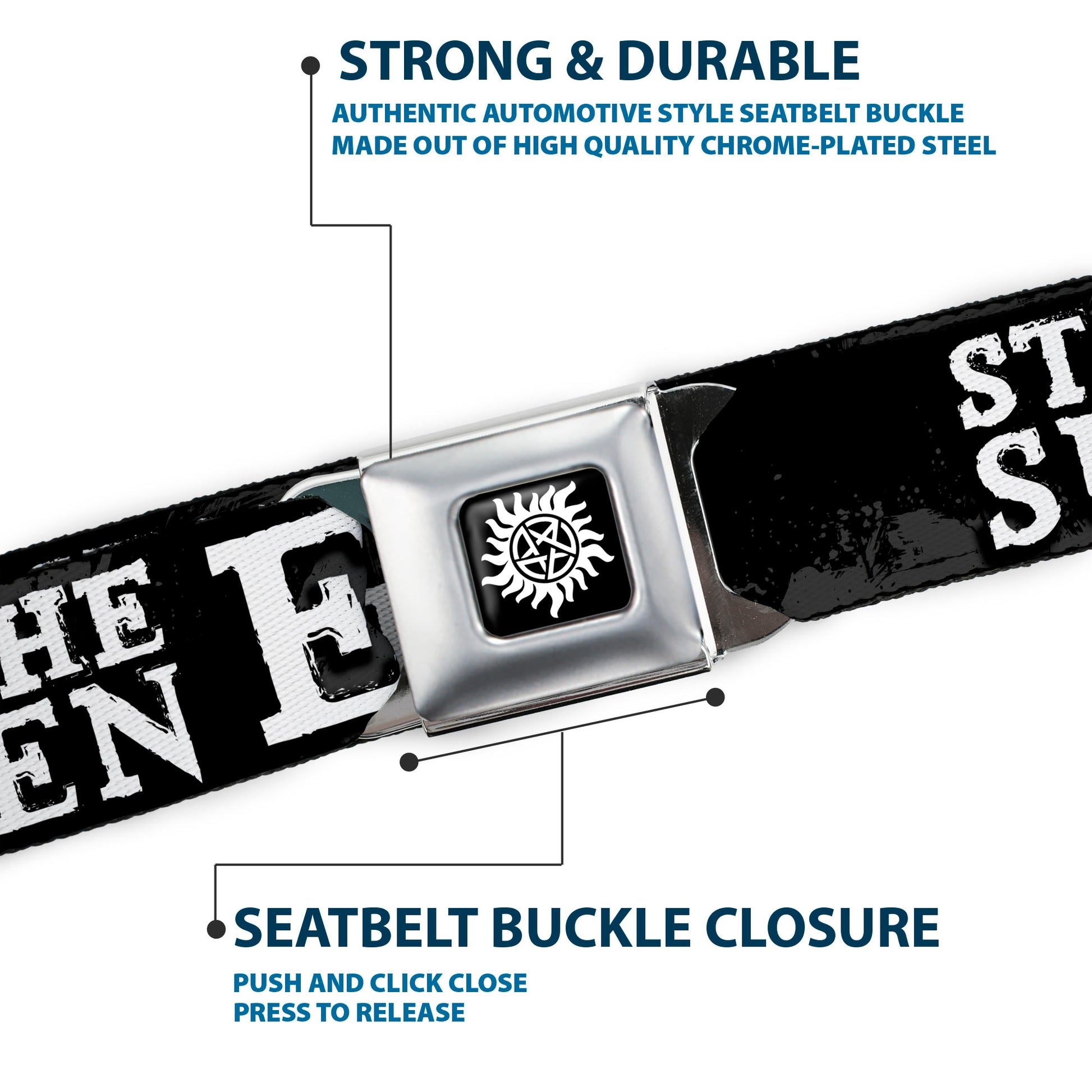 Winchester Logo Full Color Black White Seatbelt Belt - SUPERNATURAL STOP THE SULLEN EMO CRAP Black/Gray/White Webbing Seatbelt Belts Supernatural