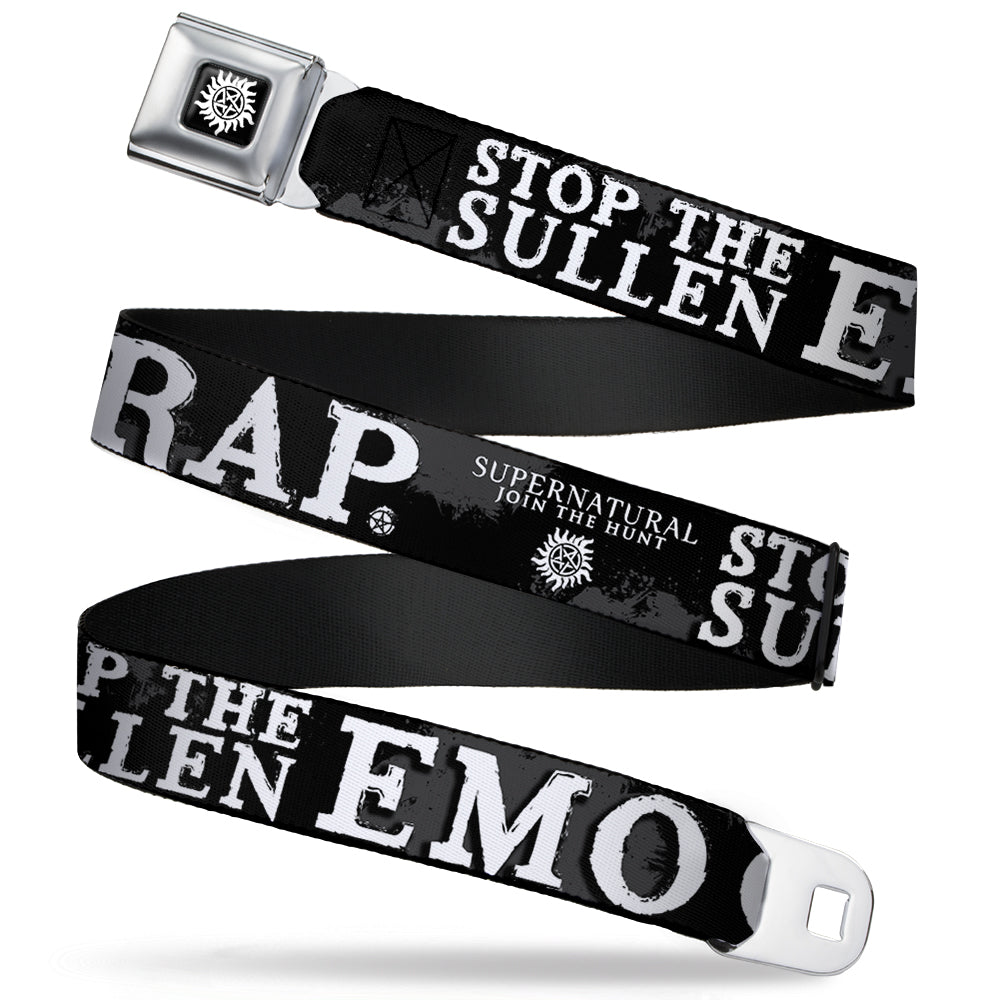 Winchester Logo Full Color Black White Seatbelt Belt - SUPERNATURAL STOP THE SULLEN EMO CRAP Black/Gray/White Webbing Seatbelt Belts Supernatural