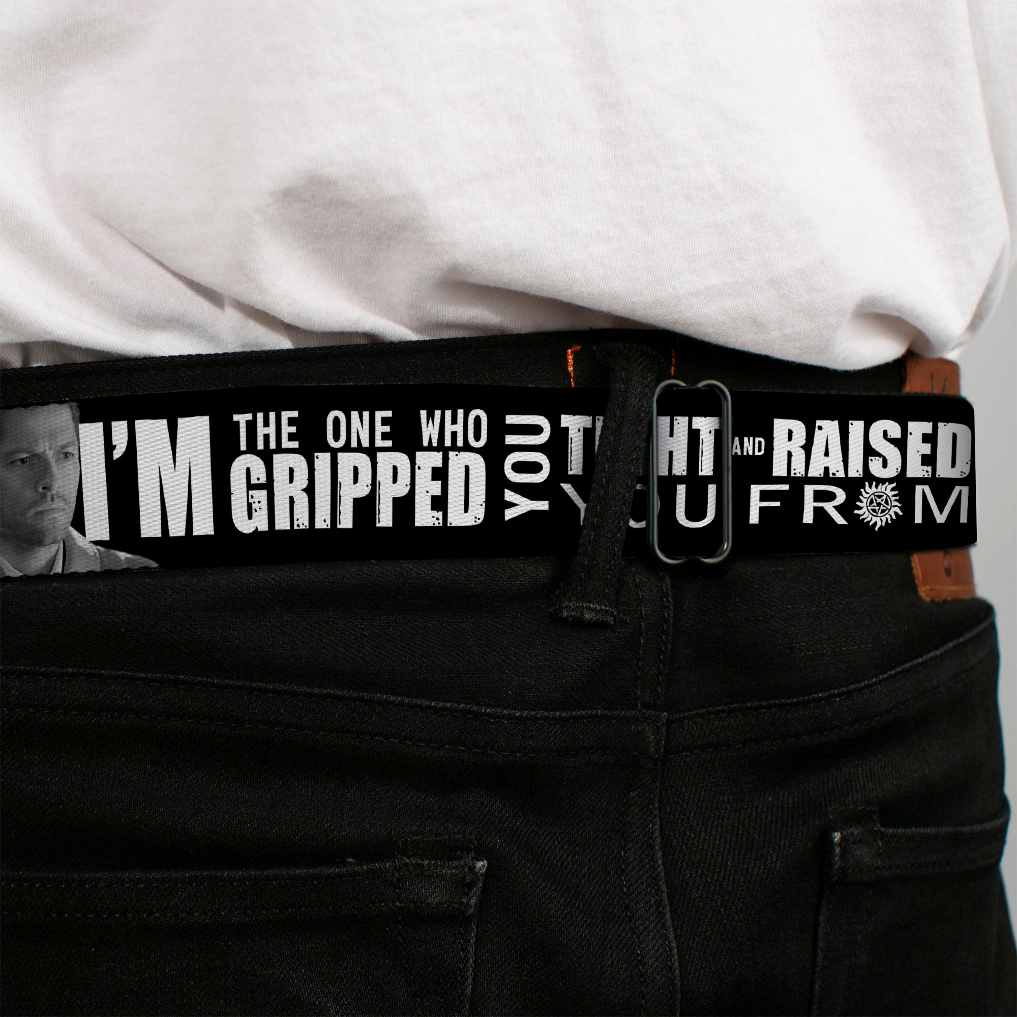 Winchester Logo Full Color Black White Seatbelt Belt - Castiel/Hand Print RAISED FROM PERDITION Black/Red/Grays/White Webbing Seatbelt Belts Supernatural