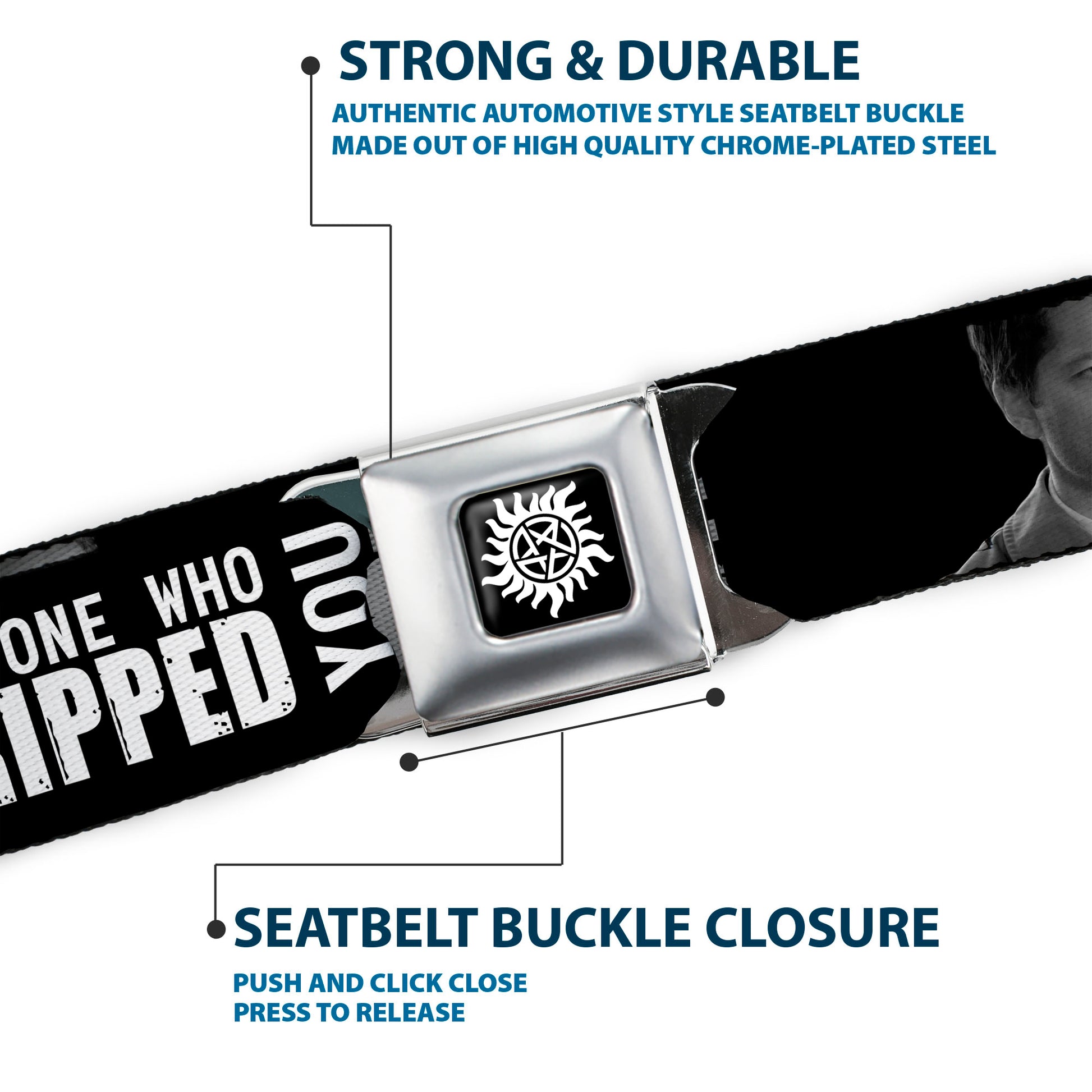 Winchester Logo Full Color Black White Seatbelt Belt - Castiel/Hand Print RAISED FROM PERDITION Black/Red/Grays/White Webbing Seatbelt Belts Supernatural