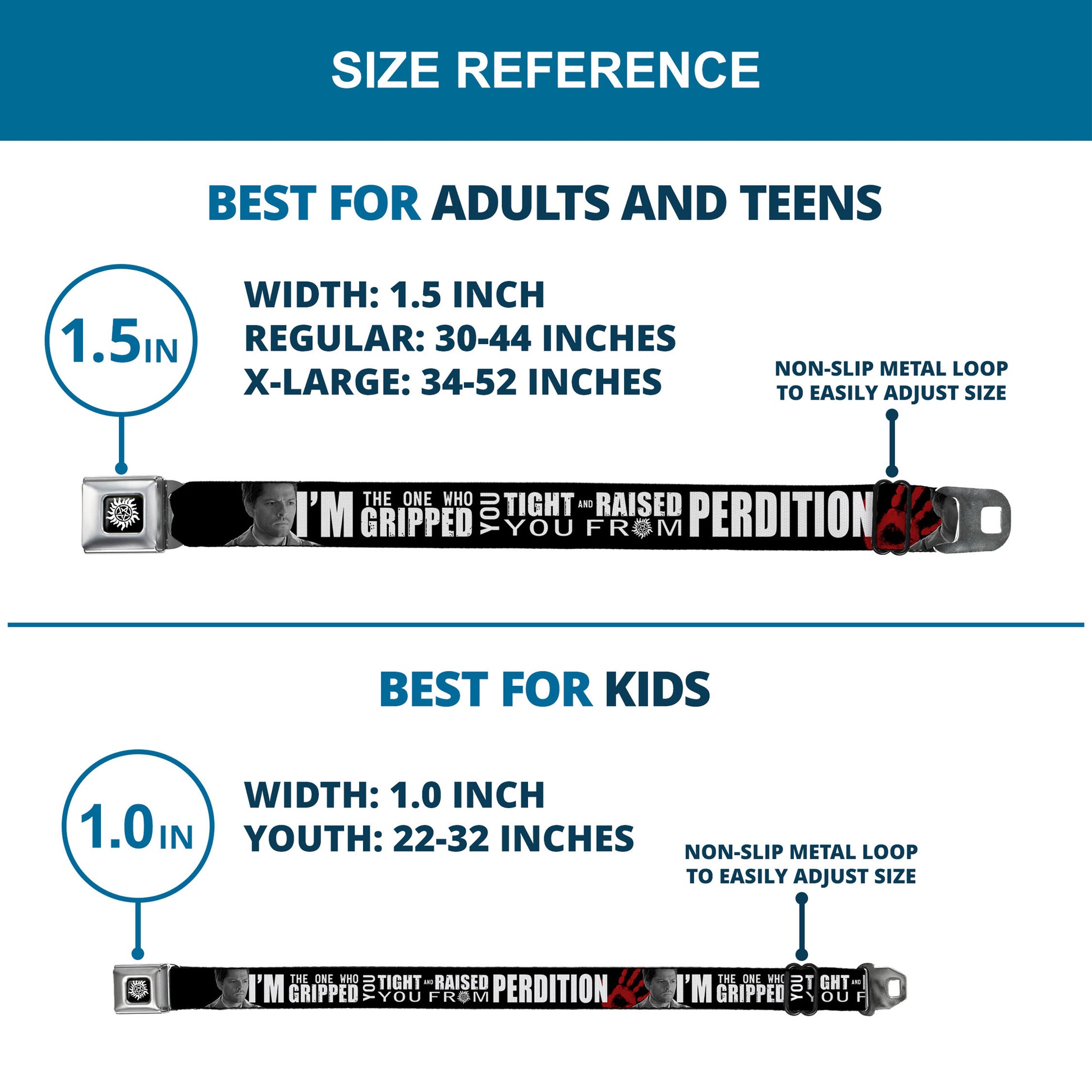 Winchester Logo Full Color Black White Seatbelt Belt - Castiel/Hand Print RAISED FROM PERDITION Black/Red/Grays/White Webbing Seatbelt Belts Supernatural