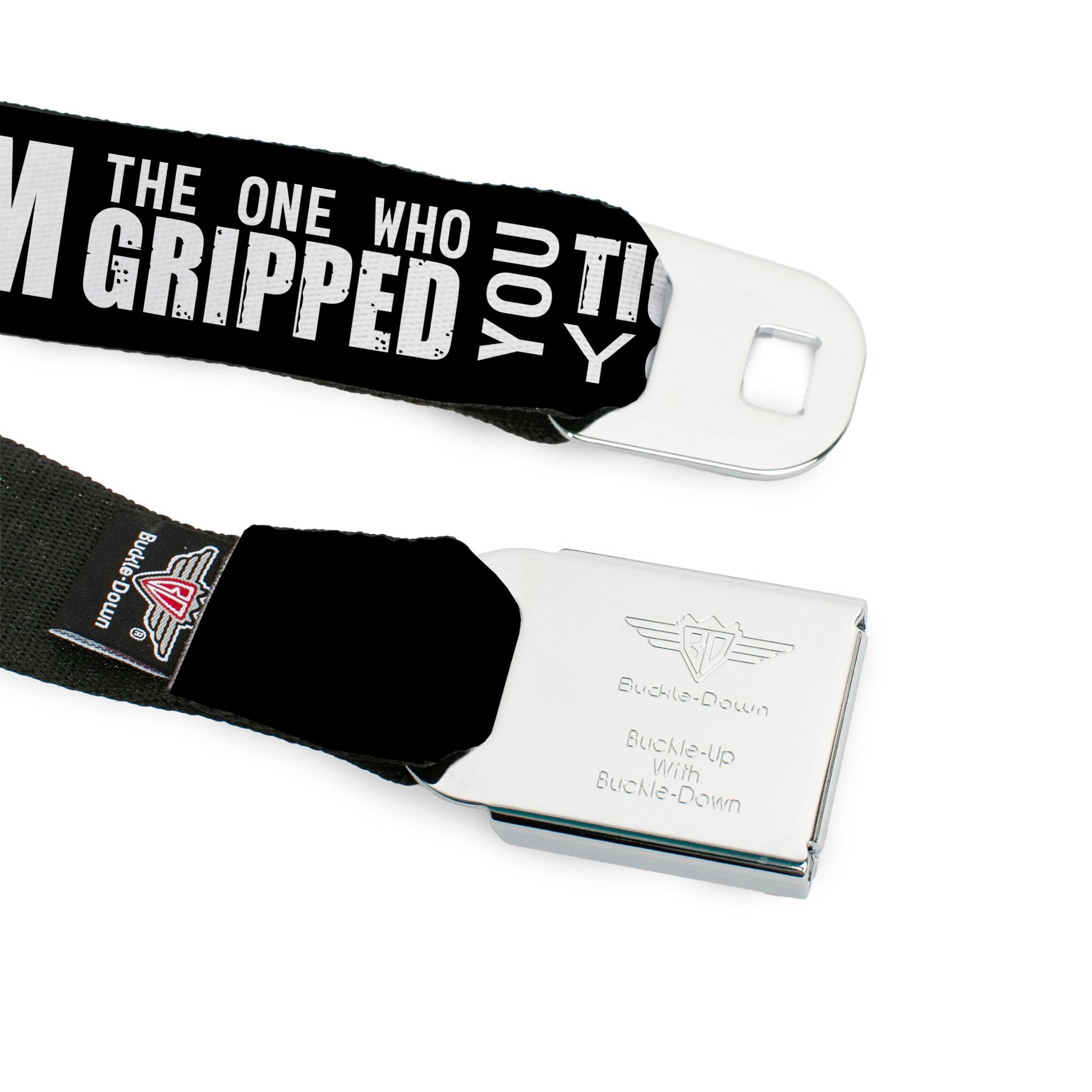 Winchester Logo Full Color Black White Seatbelt Belt - Castiel/Hand Print RAISED FROM PERDITION Black/Red/Grays/White Webbing Seatbelt Belts Supernatural