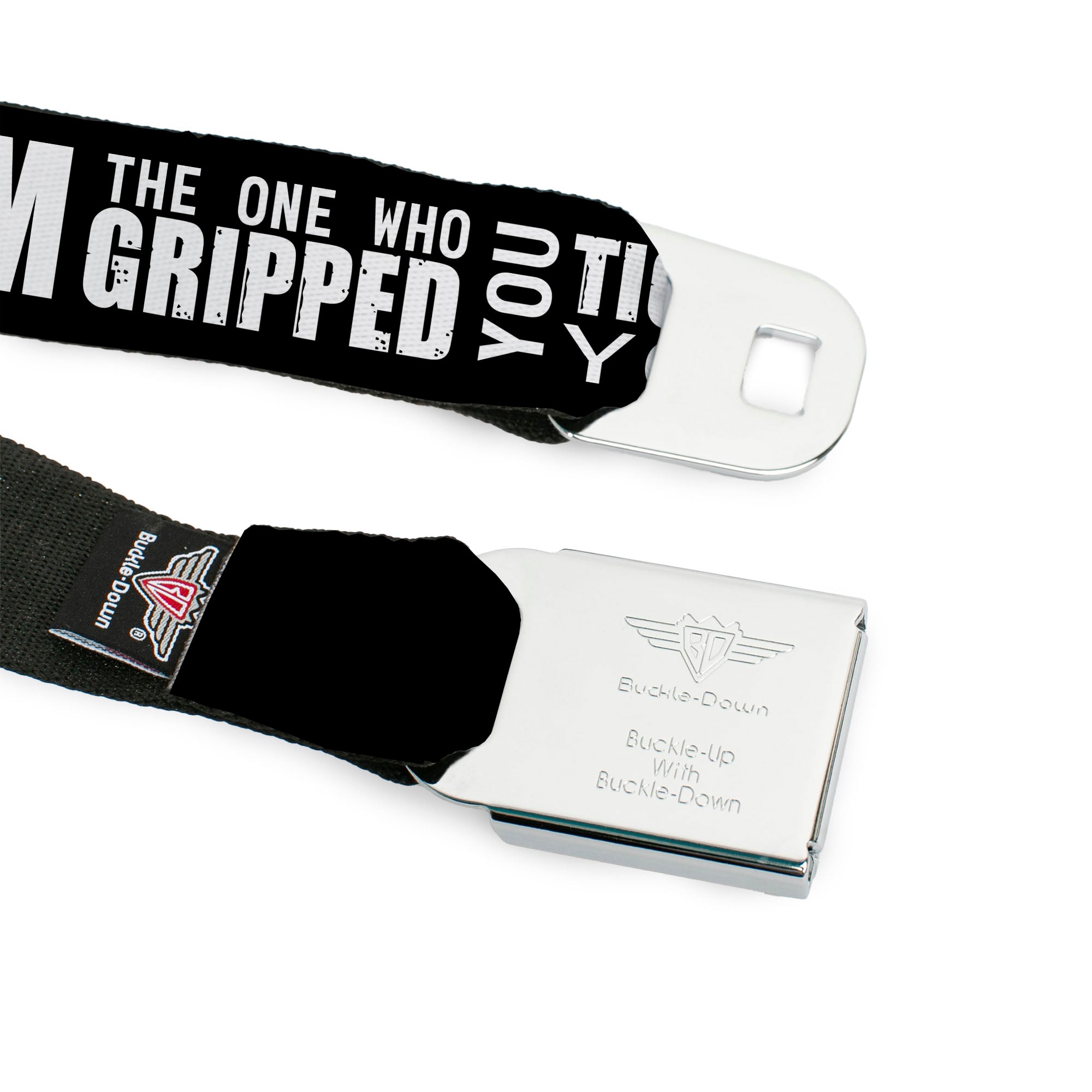 Winchester Logo Full Color Black White Seatbelt Belt - Castiel/Hand Print RAISED FROM PERDITION Black/Red/Grays/White Webbing Seatbelt Belts Supernatural