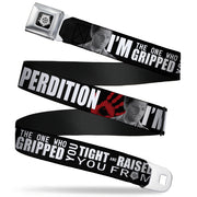 Winchester Logo Full Color Black White Seatbelt Belt - Castiel/Hand Print RAISED FROM PERDITION Black/Red/Grays/White Webbing Seatbelt Belts Supernatural
