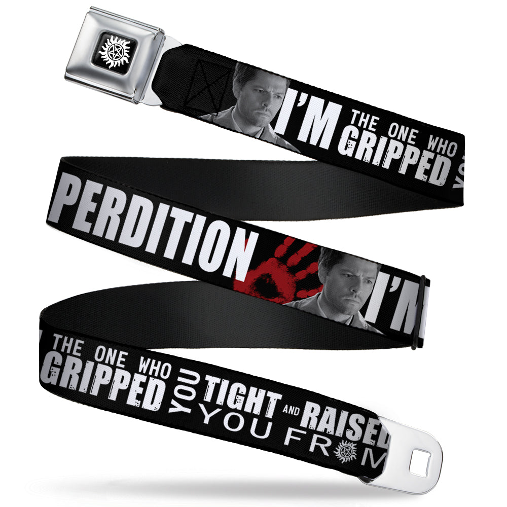 Winchester Logo Full Color Black White Seatbelt Belt - Castiel/Hand Print RAISED FROM PERDITION Black/Red/Grays/White Webbing Seatbelt Belts Supernatural
