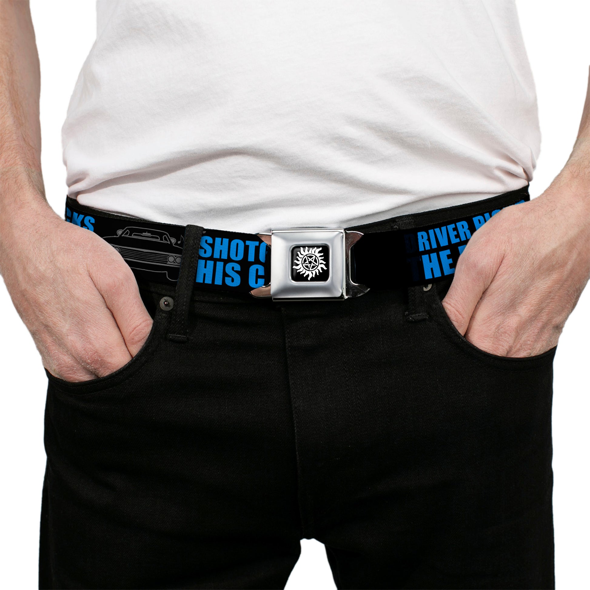 Winchester Logo Full Color Black White Seatbelt Belt - SUPERNATURAL DRIVER PICKS THE MUSIC-SHOTGUN SHUTS HIS CAKEHOLE! Black/Gray/Blue Webbing Seatbelt Belts Supernatural