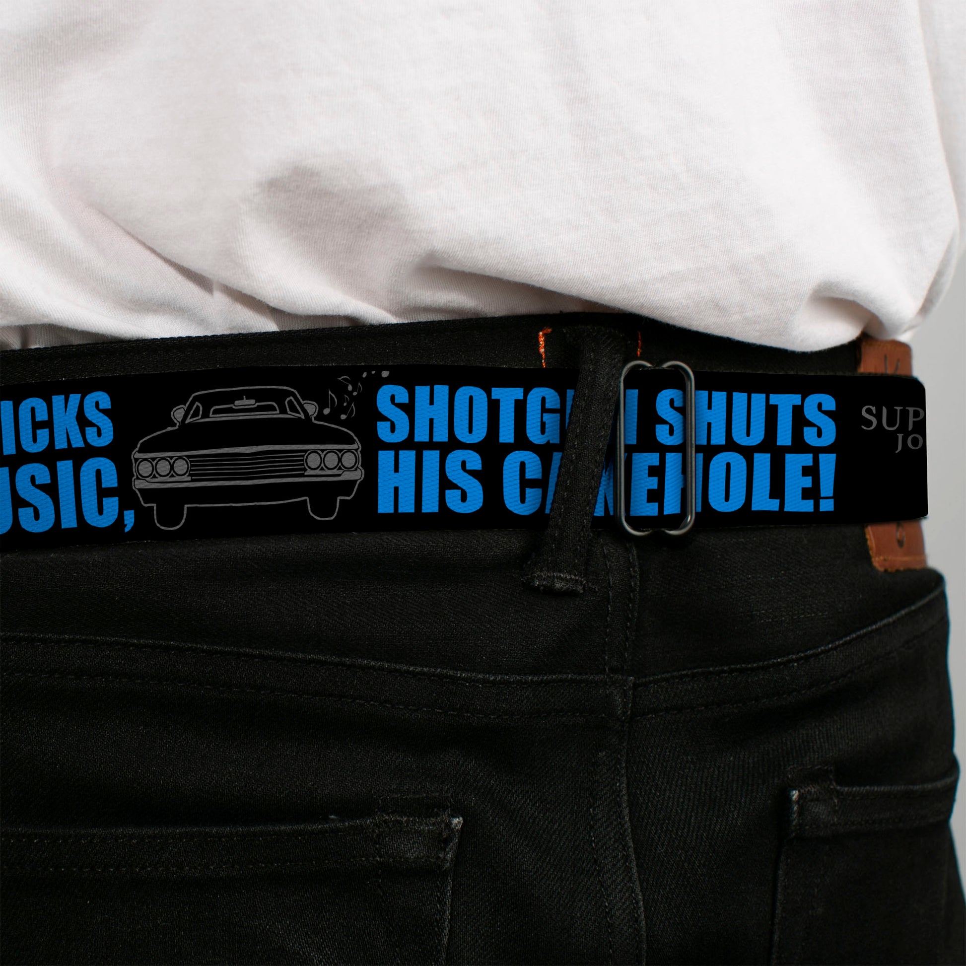 Winchester Logo Full Color Black White Seatbelt Belt - SUPERNATURAL DRIVER PICKS THE MUSIC-SHOTGUN SHUTS HIS CAKEHOLE! Black/Gray/Blue Webbing Seatbelt Belts Supernatural