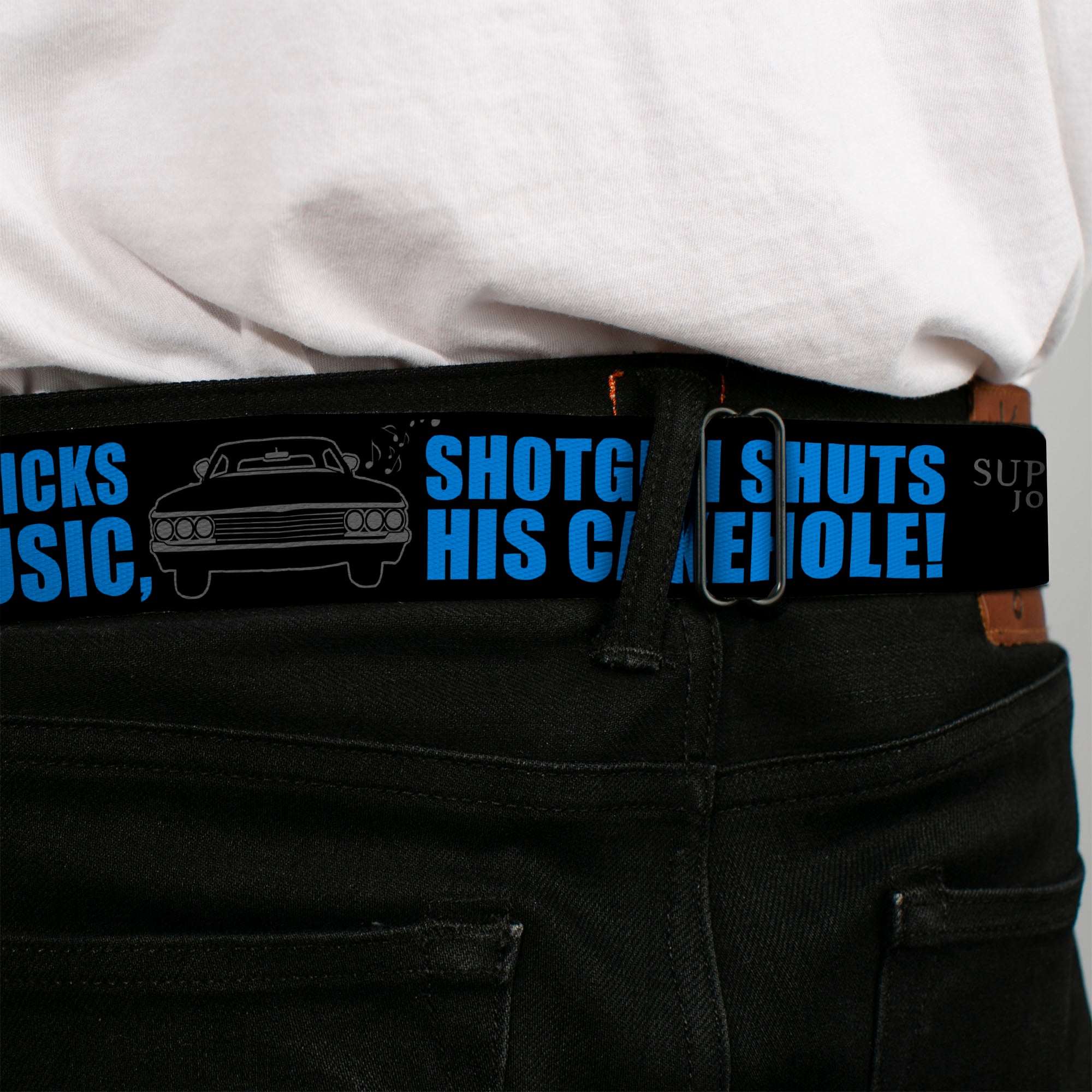 Winchester Logo Full Color Black White Seatbelt Belt - SUPERNATURAL DRIVER PICKS THE MUSIC-SHOTGUN SHUTS HIS CAKEHOLE! Black/Gray/Blue Webbing Seatbelt Belts Supernatural