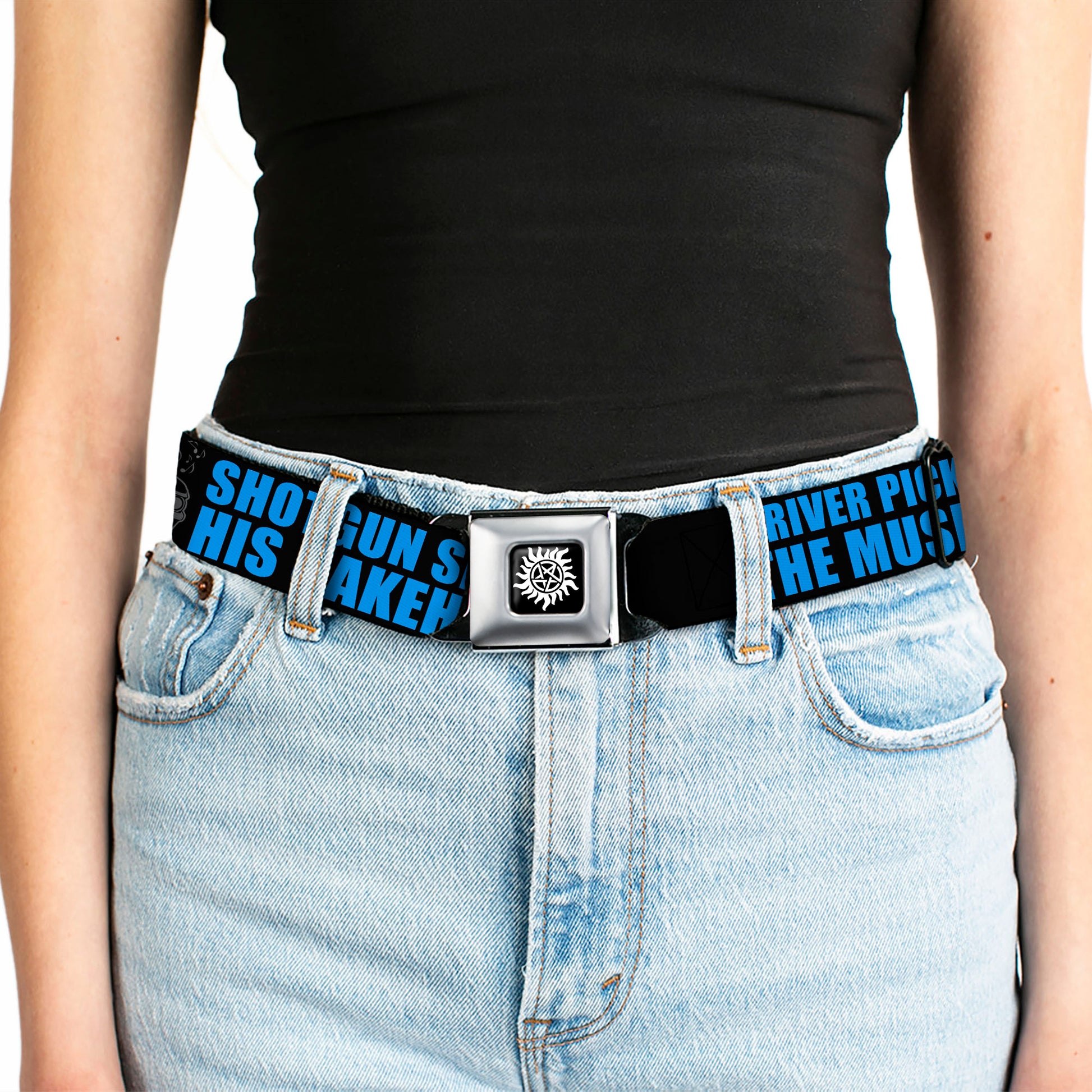 Winchester Logo Full Color Black White Seatbelt Belt - SUPERNATURAL DRIVER PICKS THE MUSIC-SHOTGUN SHUTS HIS CAKEHOLE! Black/Gray/Blue Webbing Seatbelt Belts Supernatural