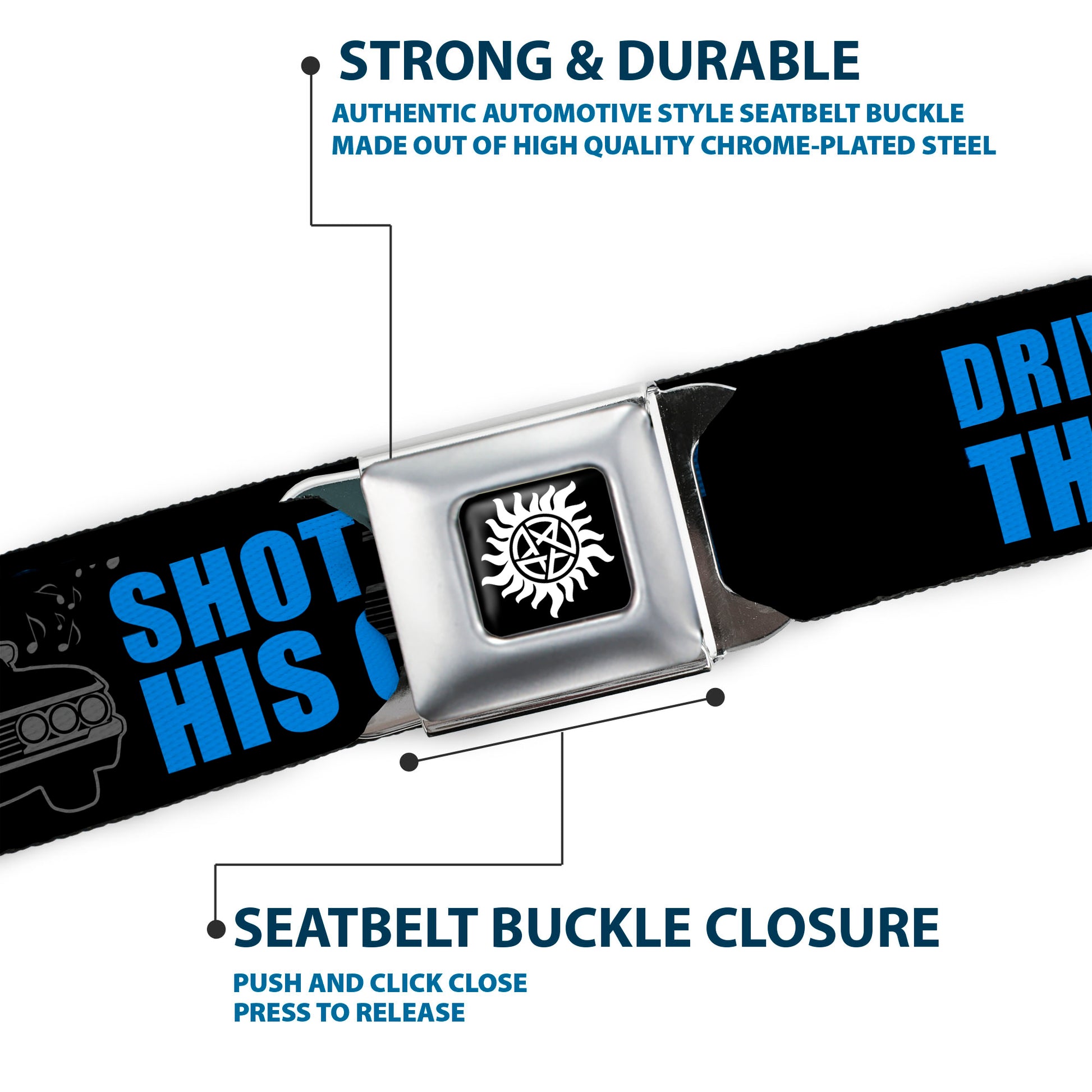 Winchester Logo Full Color Black White Seatbelt Belt - SUPERNATURAL DRIVER PICKS THE MUSIC-SHOTGUN SHUTS HIS CAKEHOLE! Black/Gray/Blue Webbing Seatbelt Belts Supernatural