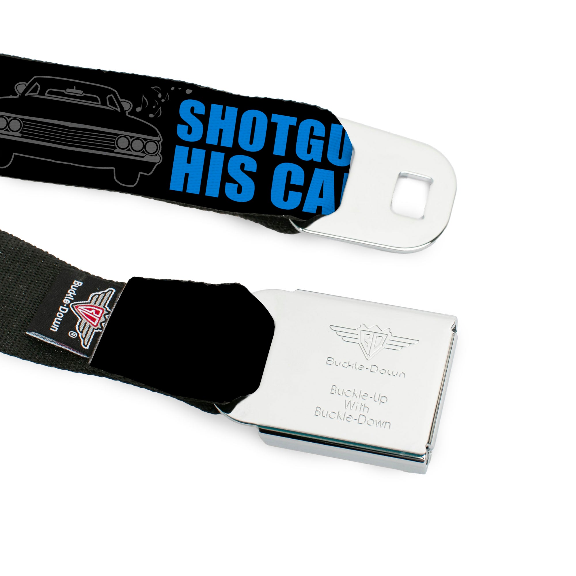 Winchester Logo Full Color Black White Seatbelt Belt - SUPERNATURAL DRIVER PICKS THE MUSIC-SHOTGUN SHUTS HIS CAKEHOLE! Black/Gray/Blue Webbing Seatbelt Belts Supernatural