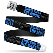 Winchester Logo Full Color Black White Seatbelt Belt - SUPERNATURAL DRIVER PICKS THE MUSIC-SHOTGUN SHUTS HIS CAKEHOLE! Black/Gray/Blue Webbing Seatbelt Belts Supernatural