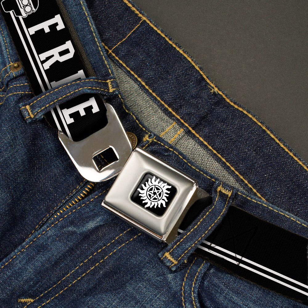 Winchester Logo Full Color Black White Seatbelt Belt - SUPERNATURAL TEAM FREE WILL/Impala Black/White Webbing Seatbelt Belts Supernatural