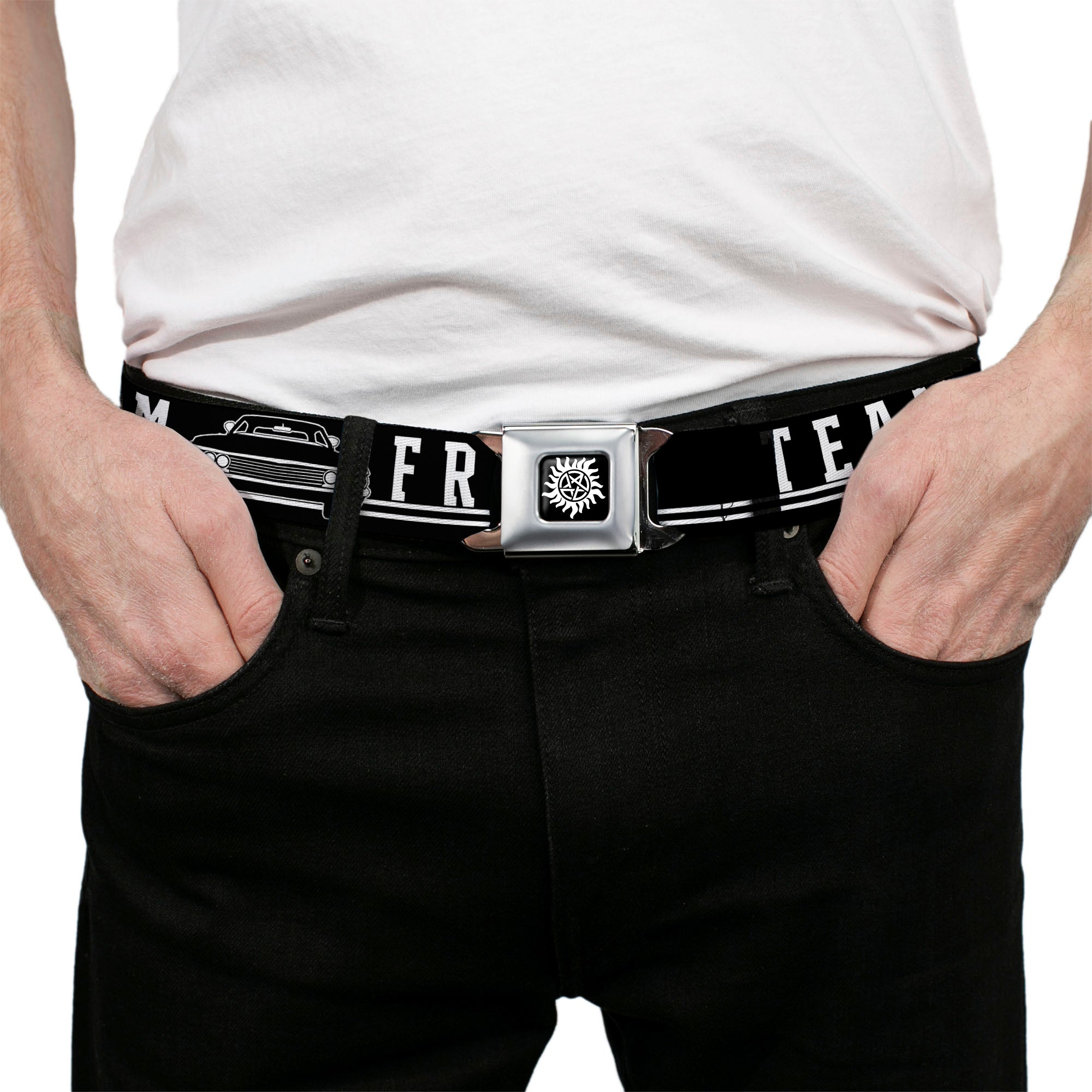 Winchester Logo Full Color Black White Seatbelt Belt - SUPERNATURAL TEAM FREE WILL/Impala Black/White Webbing Seatbelt Belts Supernatural