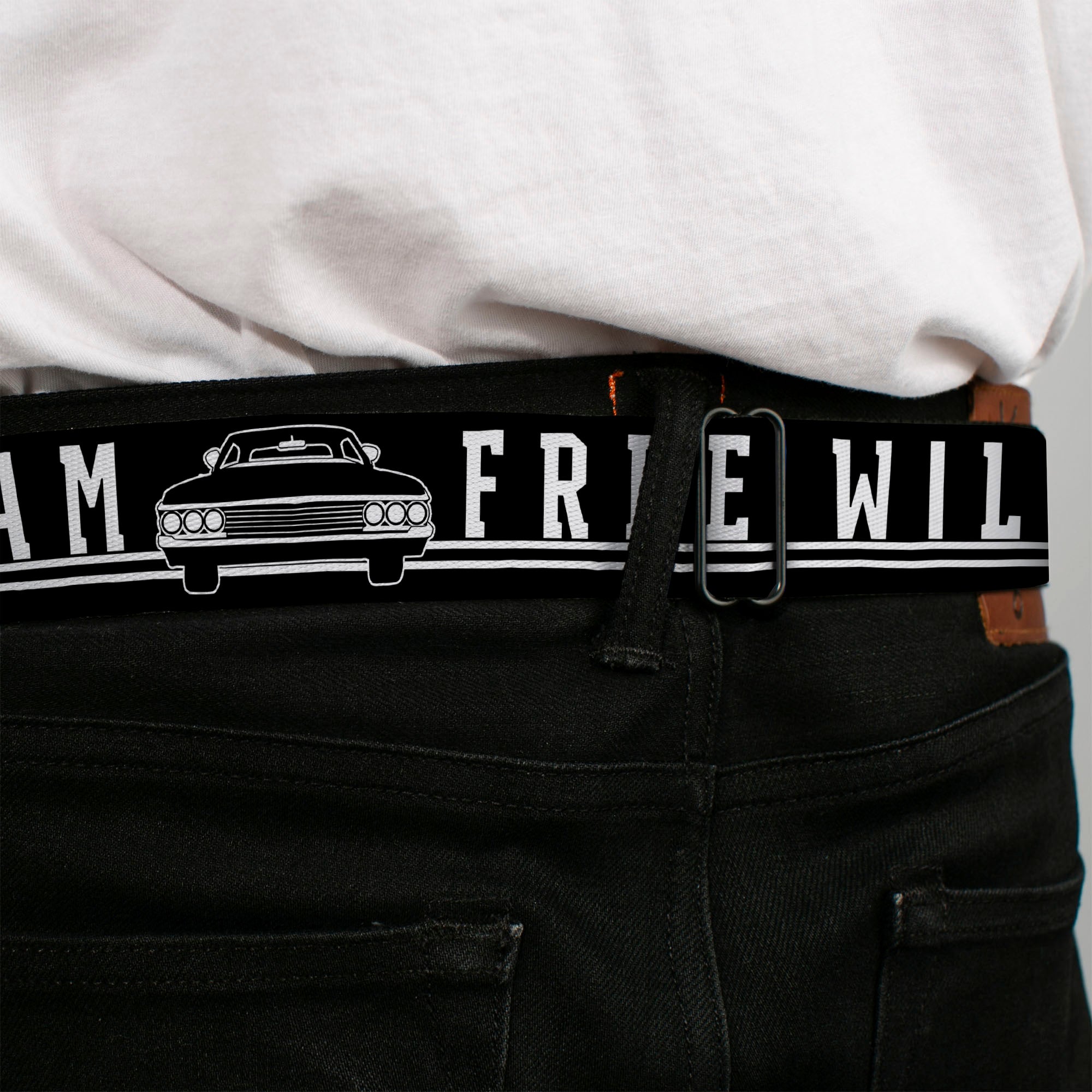 Winchester Logo Full Color Black White Seatbelt Belt - SUPERNATURAL TEAM FREE WILL/Impala Black/White Webbing Seatbelt Belts Supernatural