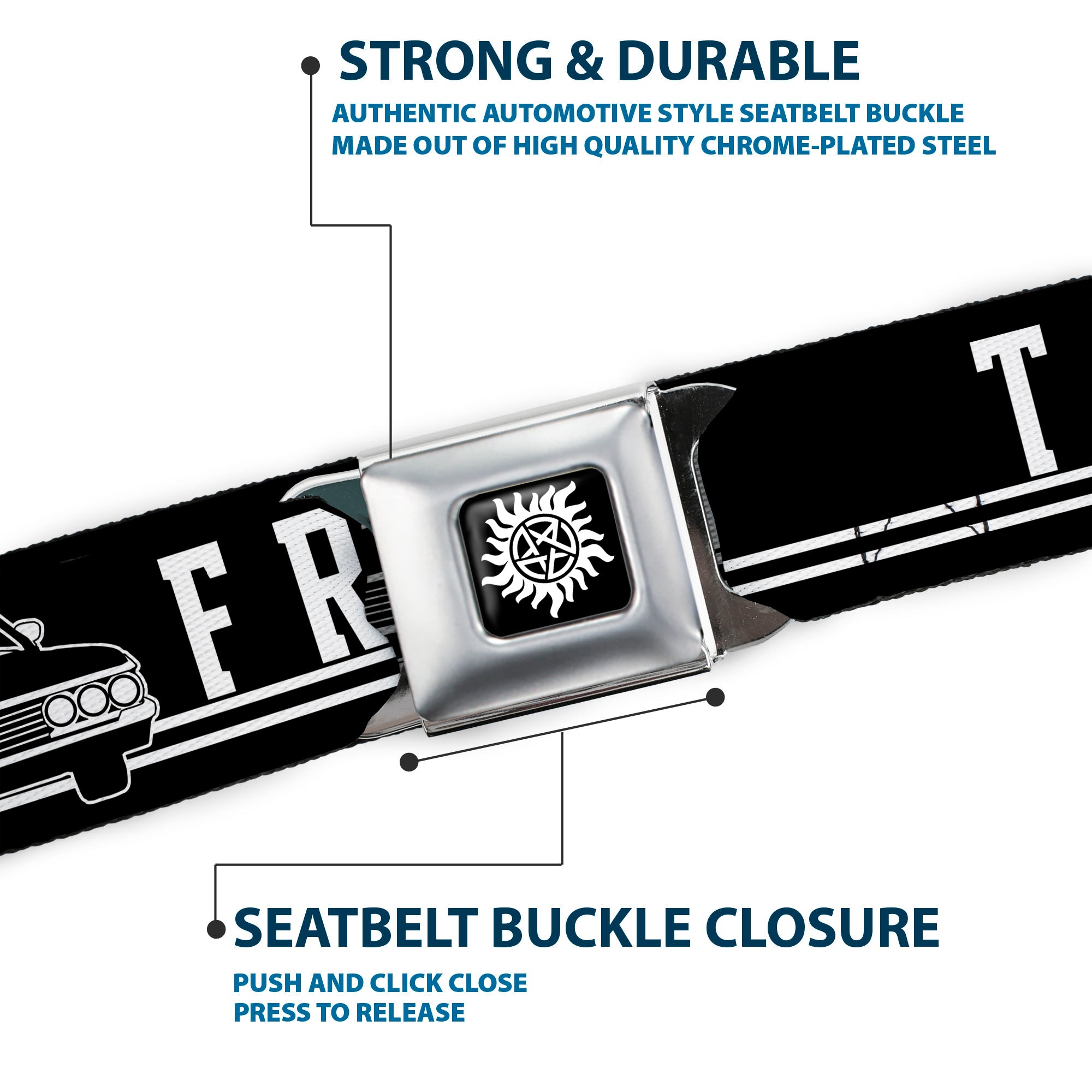 Winchester Logo Full Color Black White Seatbelt Belt - SUPERNATURAL TEAM FREE WILL/Impala Black/White Webbing Seatbelt Belts Supernatural
