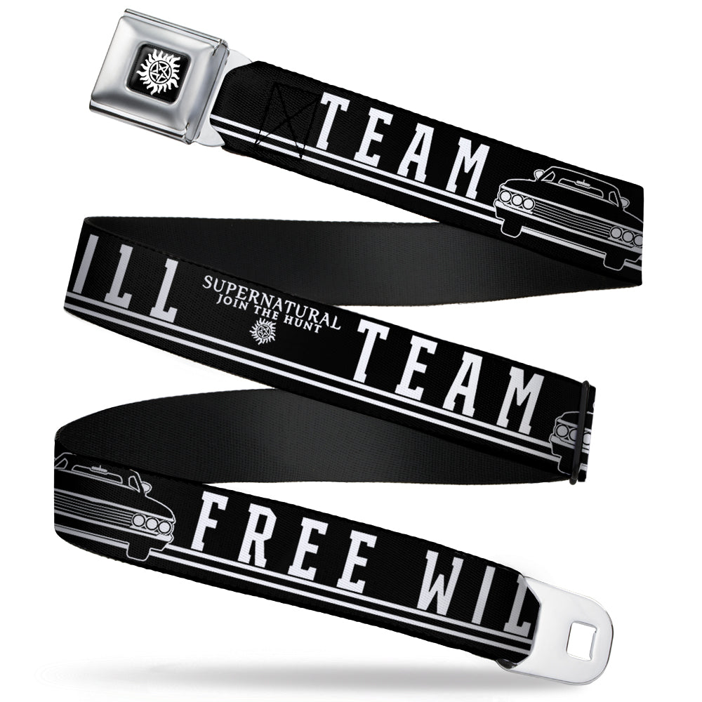 Winchester Logo Full Color Black White Seatbelt Belt - SUPERNATURAL TEAM FREE WILL/Impala Black/White Webbing Seatbelt Belts Supernatural