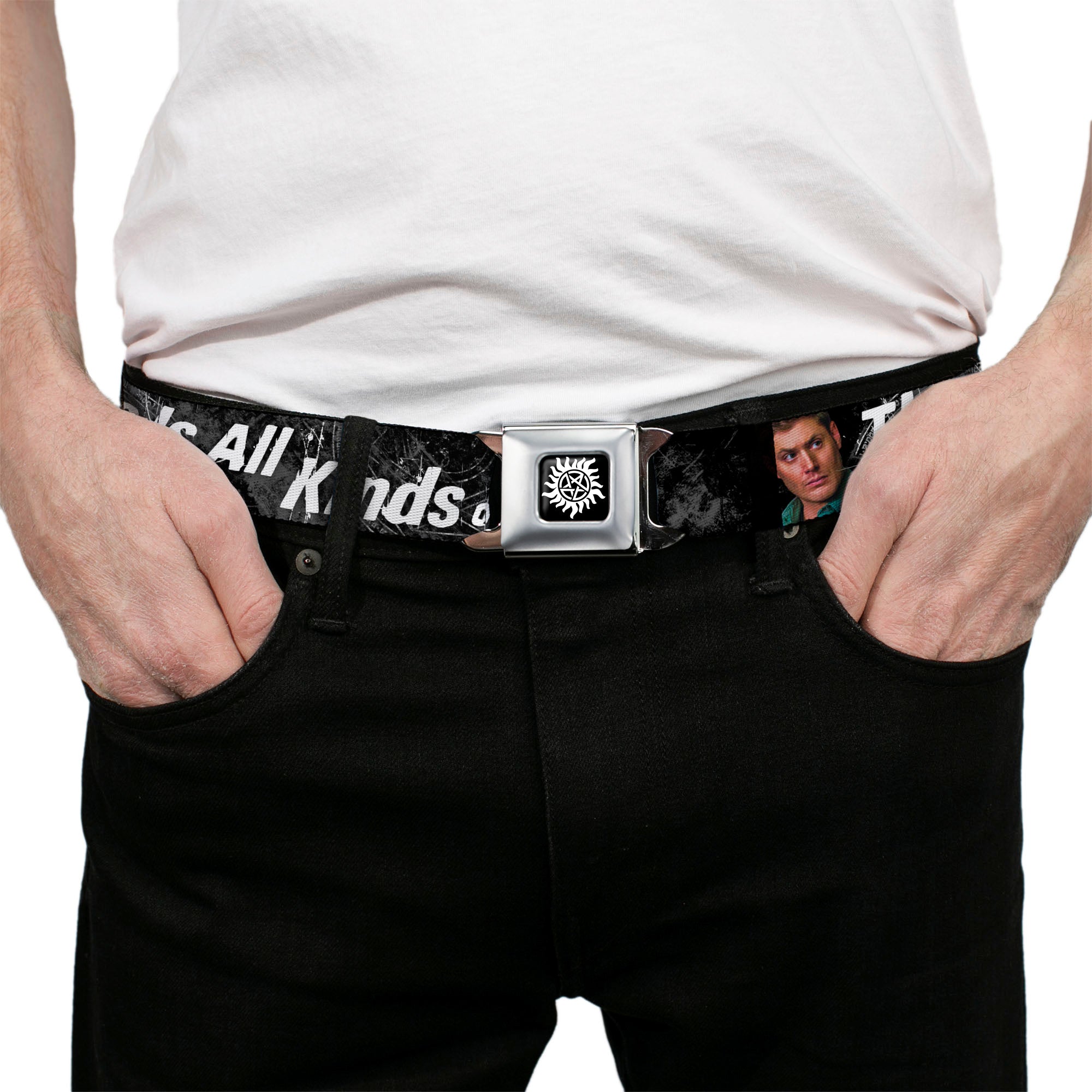 Winchester Logo Full Color Black White Seatbelt Belt - SUPERNATURAL Dean Pose/THIS IS ALL KINDS OF WRONG Grays/White Webbing Seatbelt Belts Supernatural