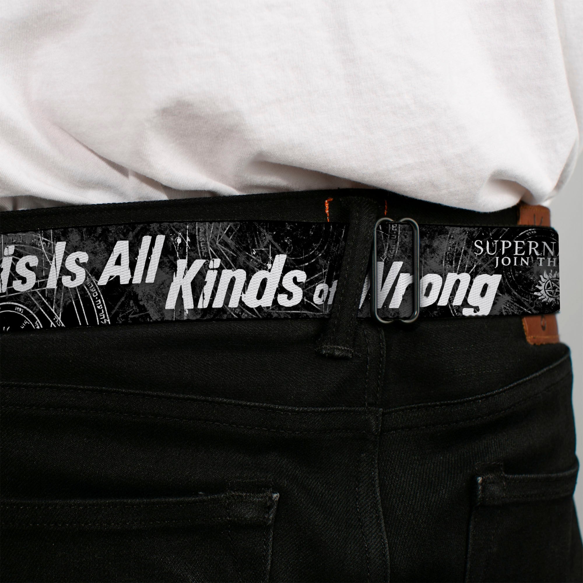 Winchester Logo Full Color Black White Seatbelt Belt - SUPERNATURAL Dean Pose/THIS IS ALL KINDS OF WRONG Grays/White Webbing Seatbelt Belts Supernatural