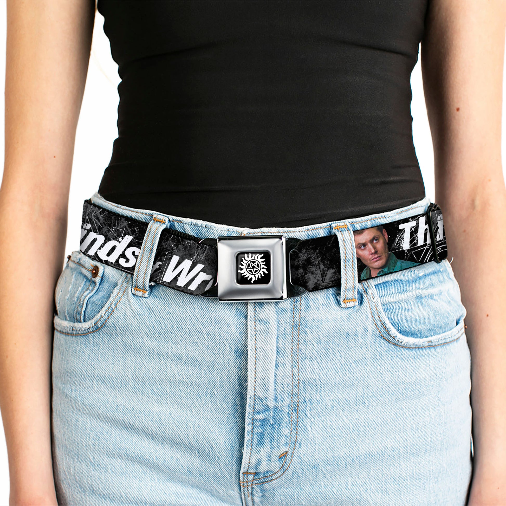Winchester Logo Full Color Black White Seatbelt Belt - SUPERNATURAL Dean Pose/THIS IS ALL KINDS OF WRONG Grays/White Webbing Seatbelt Belts Supernatural
