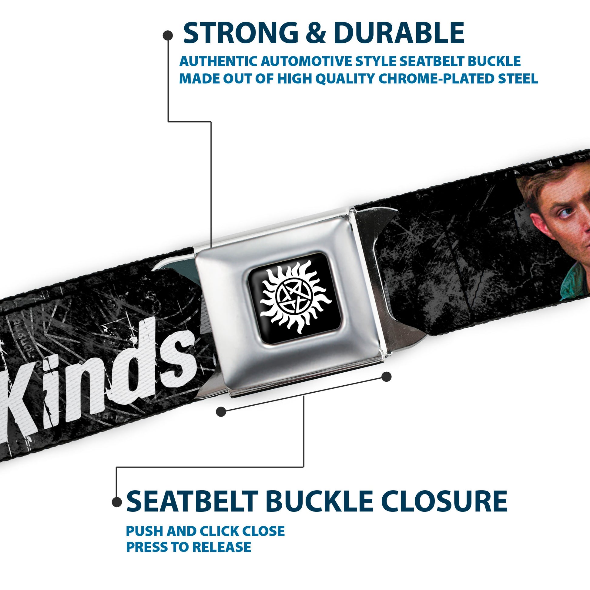 Winchester Logo Full Color Black White Seatbelt Belt - SUPERNATURAL Dean Pose/THIS IS ALL KINDS OF WRONG Grays/White Webbing Seatbelt Belts Supernatural