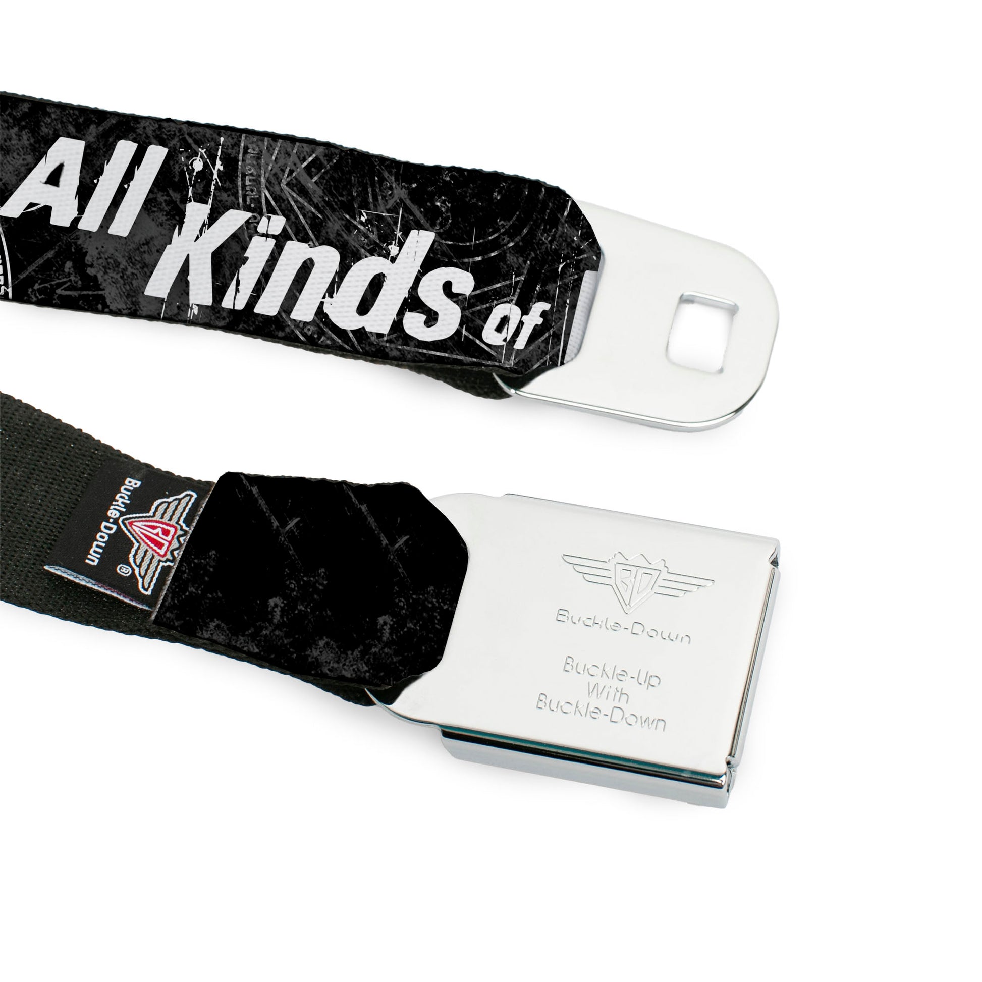Winchester Logo Full Color Black White Seatbelt Belt - SUPERNATURAL Dean Pose/THIS IS ALL KINDS OF WRONG Grays/White Webbing Seatbelt Belts Supernatural