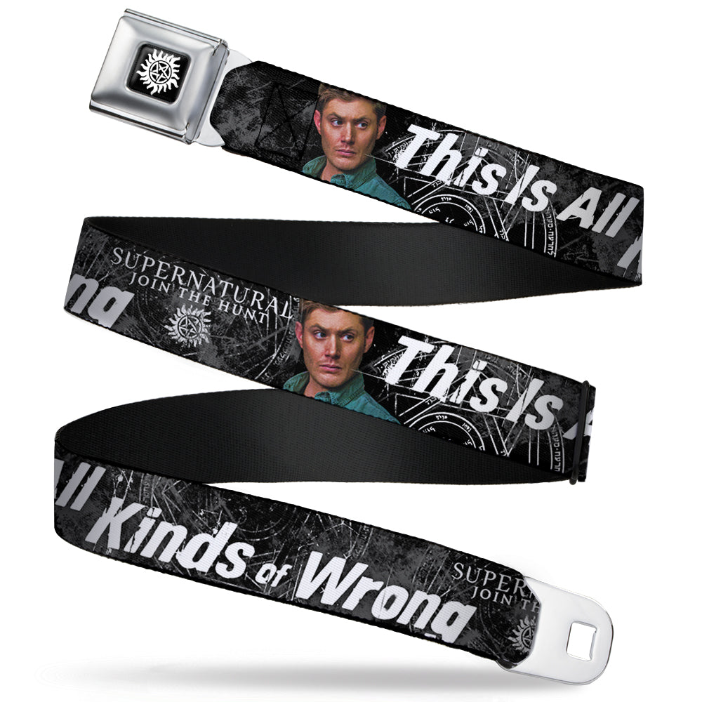 Winchester Logo Full Color Black White Seatbelt Belt - SUPERNATURAL Dean Pose/THIS IS ALL KINDS OF WRONG Grays/White Webbing Seatbelt Belts Supernatural