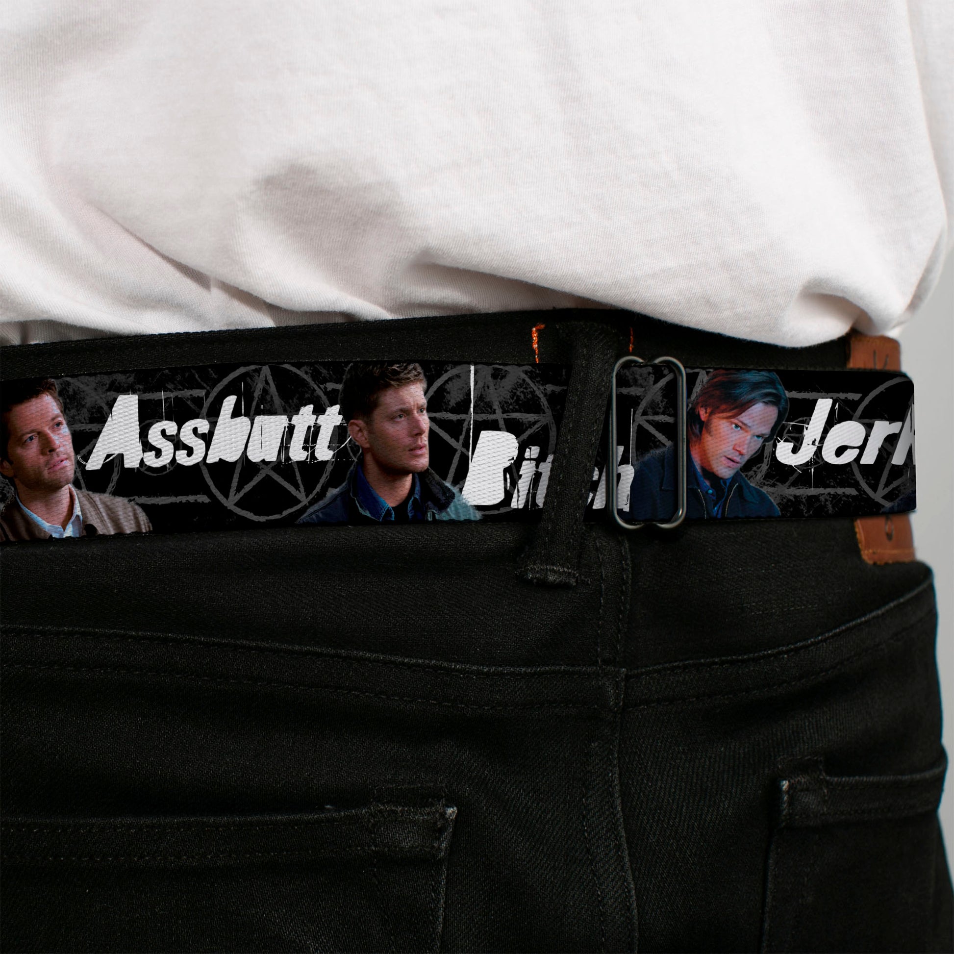 Winchester Logo Full Color Black White Seatbelt Belt - SUPERNATURAL 4-Character Poses/ASSBUTT-BITCH-JERK-IDJITS Black/Gray/White Webbing Seatbelt Belts Supernatural