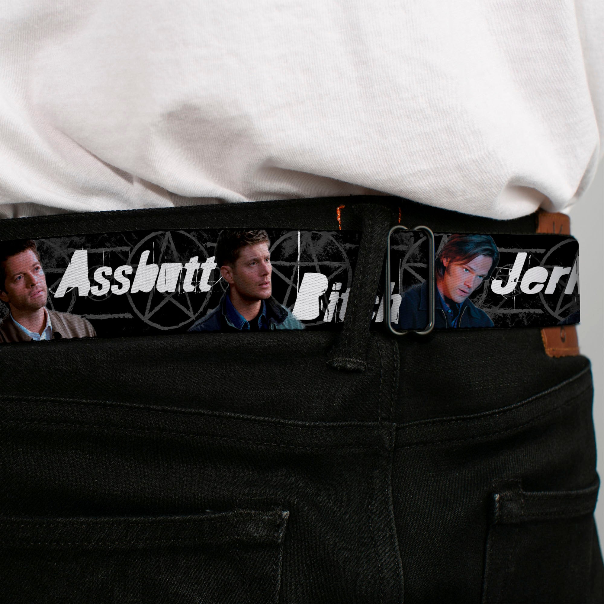 Winchester Logo Full Color Black White Seatbelt Belt - SUPERNATURAL 4-Character Poses/ASSBUTT-BITCH-JERK-IDJITS Black/Gray/White Webbing Seatbelt Belts Supernatural