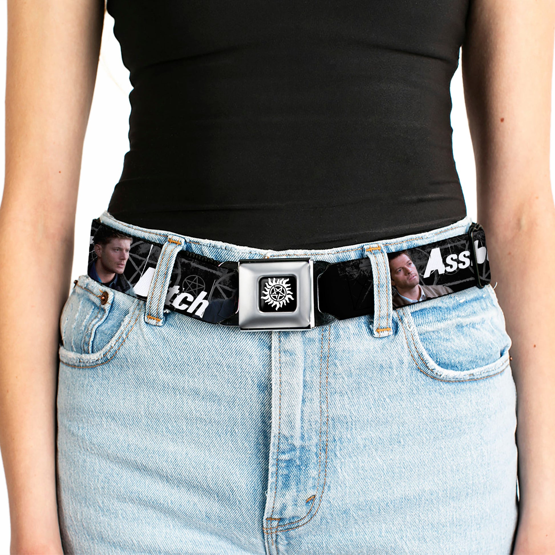 Winchester Logo Full Color Black White Seatbelt Belt - SUPERNATURAL 4-Character Poses/ASSBUTT-BITCH-JERK-IDJITS Black/Gray/White Webbing Seatbelt Belts Supernatural