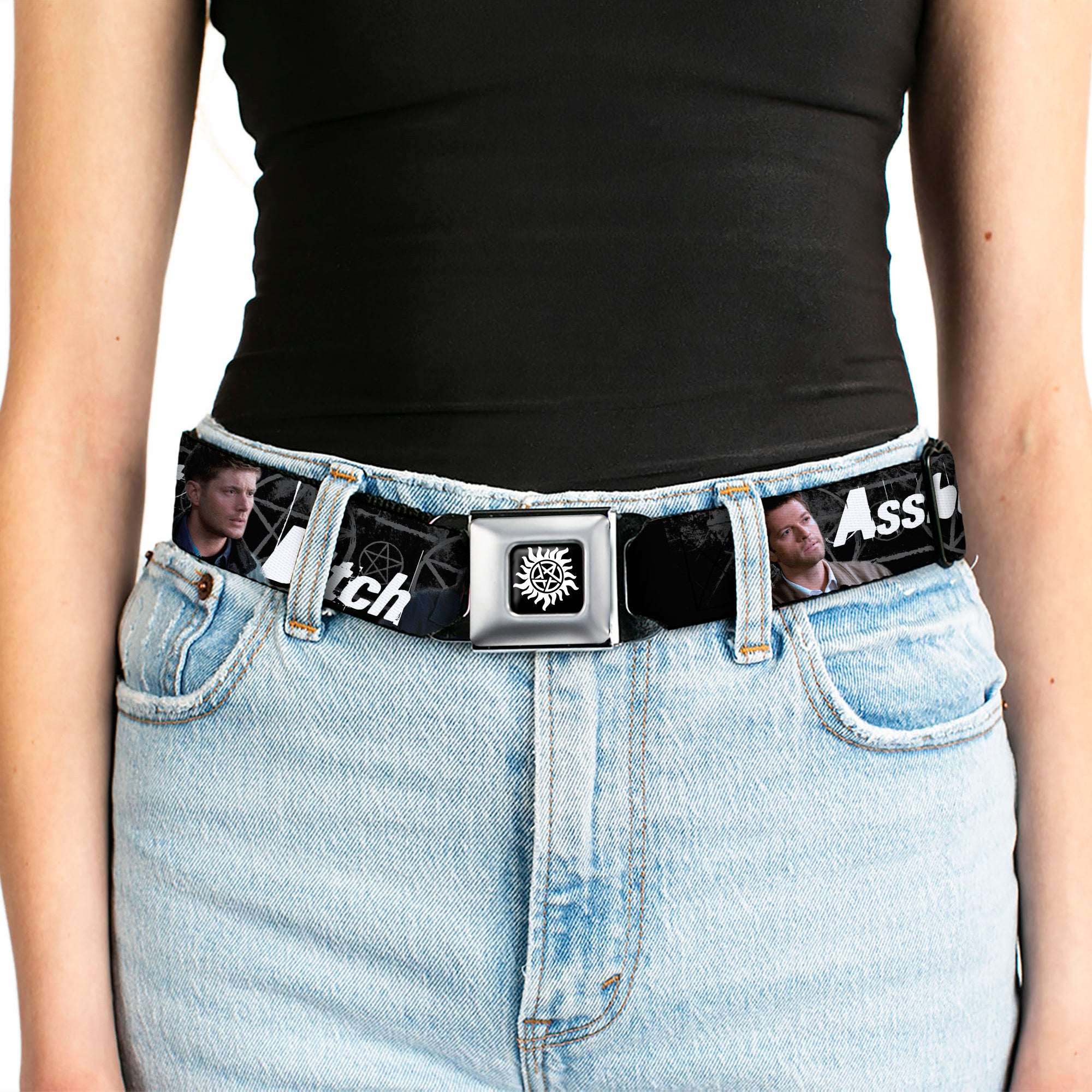 Winchester Logo Full Color Black White Seatbelt Belt - SUPERNATURAL 4-Character Poses/ASSBUTT-BITCH-JERK-IDJITS Black/Gray/White Webbing Seatbelt Belts Supernatural