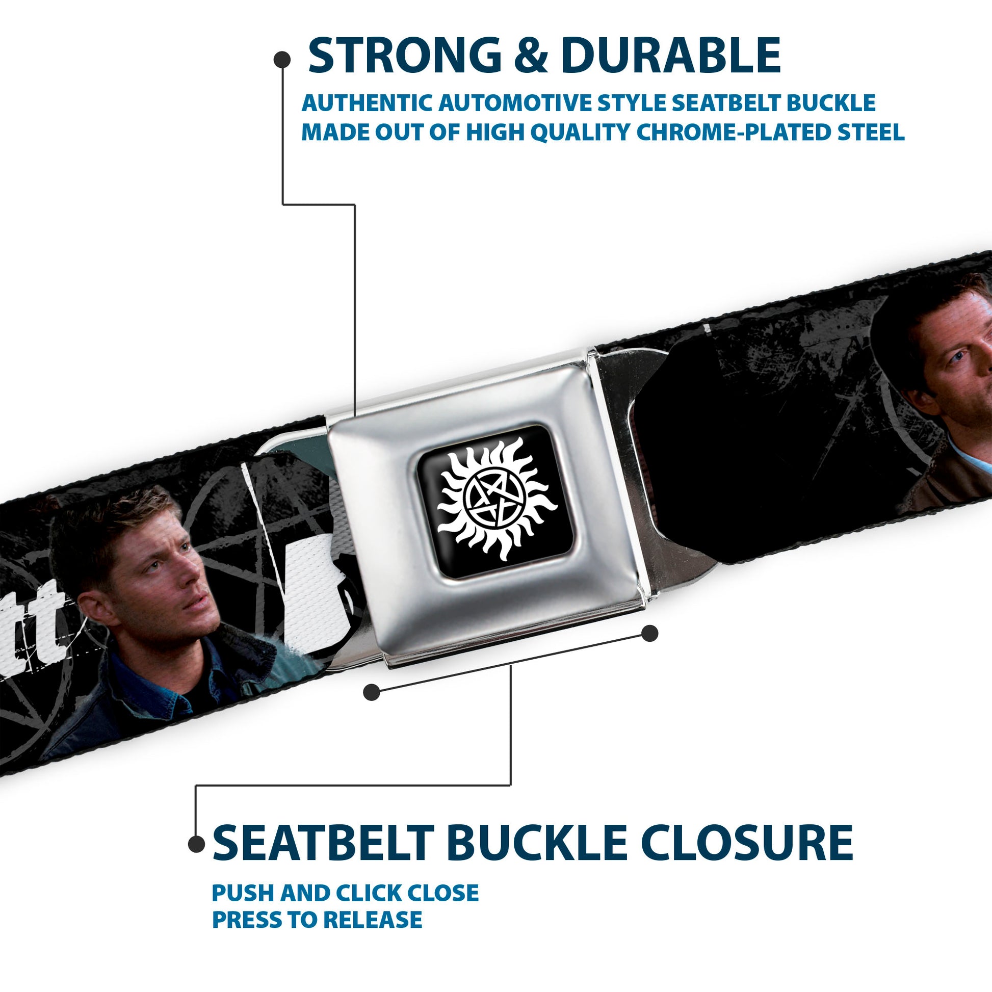 Winchester Logo Full Color Black White Seatbelt Belt - SUPERNATURAL 4-Character Poses/ASSBUTT-BITCH-JERK-IDJITS Black/Gray/White Webbing Seatbelt Belts Supernatural