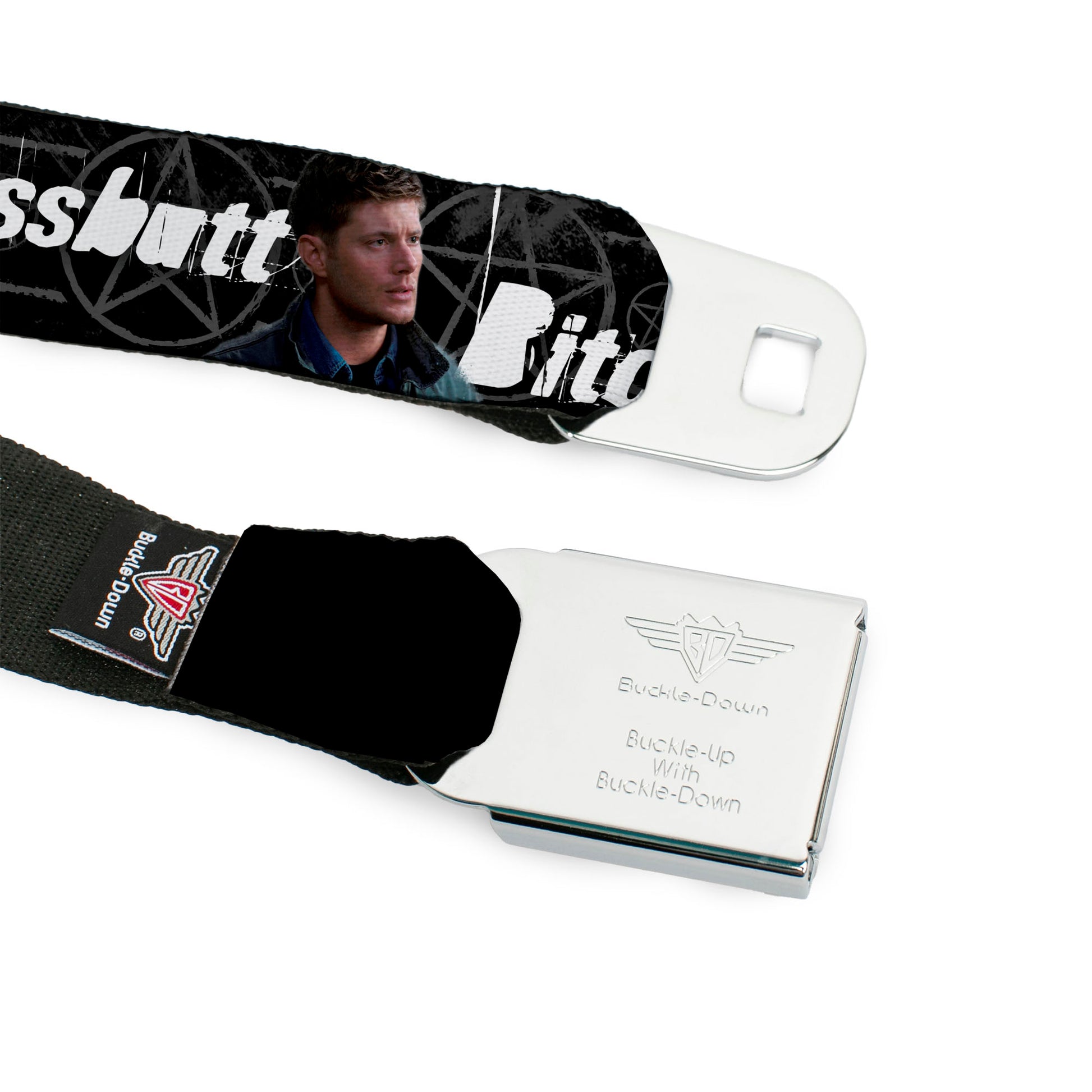 Winchester Logo Full Color Black White Seatbelt Belt - SUPERNATURAL 4-Character Poses/ASSBUTT-BITCH-JERK-IDJITS Black/Gray/White Webbing Seatbelt Belts Supernatural